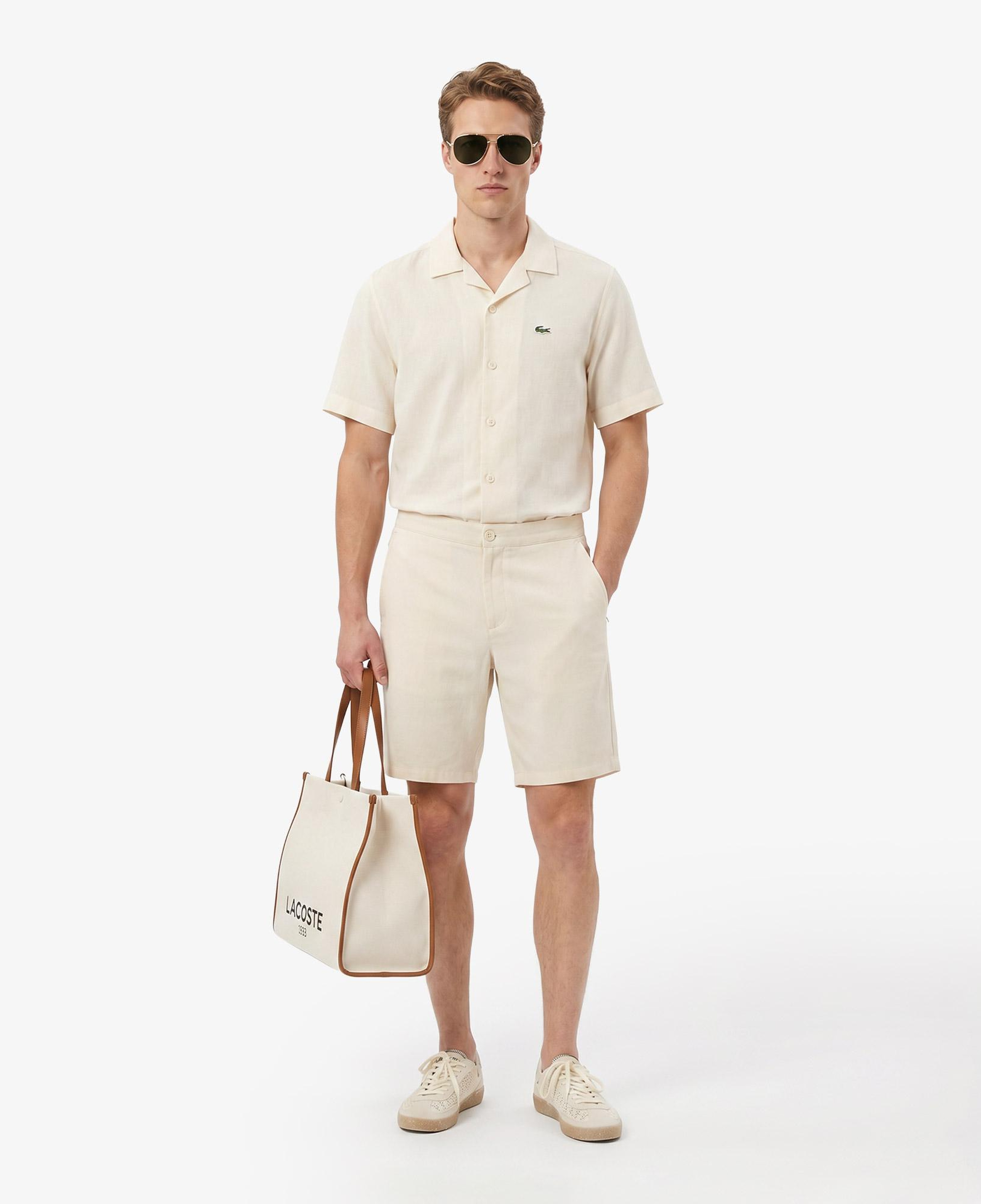 Erkek Tapered Fit Keten Bej Bermuda Şort