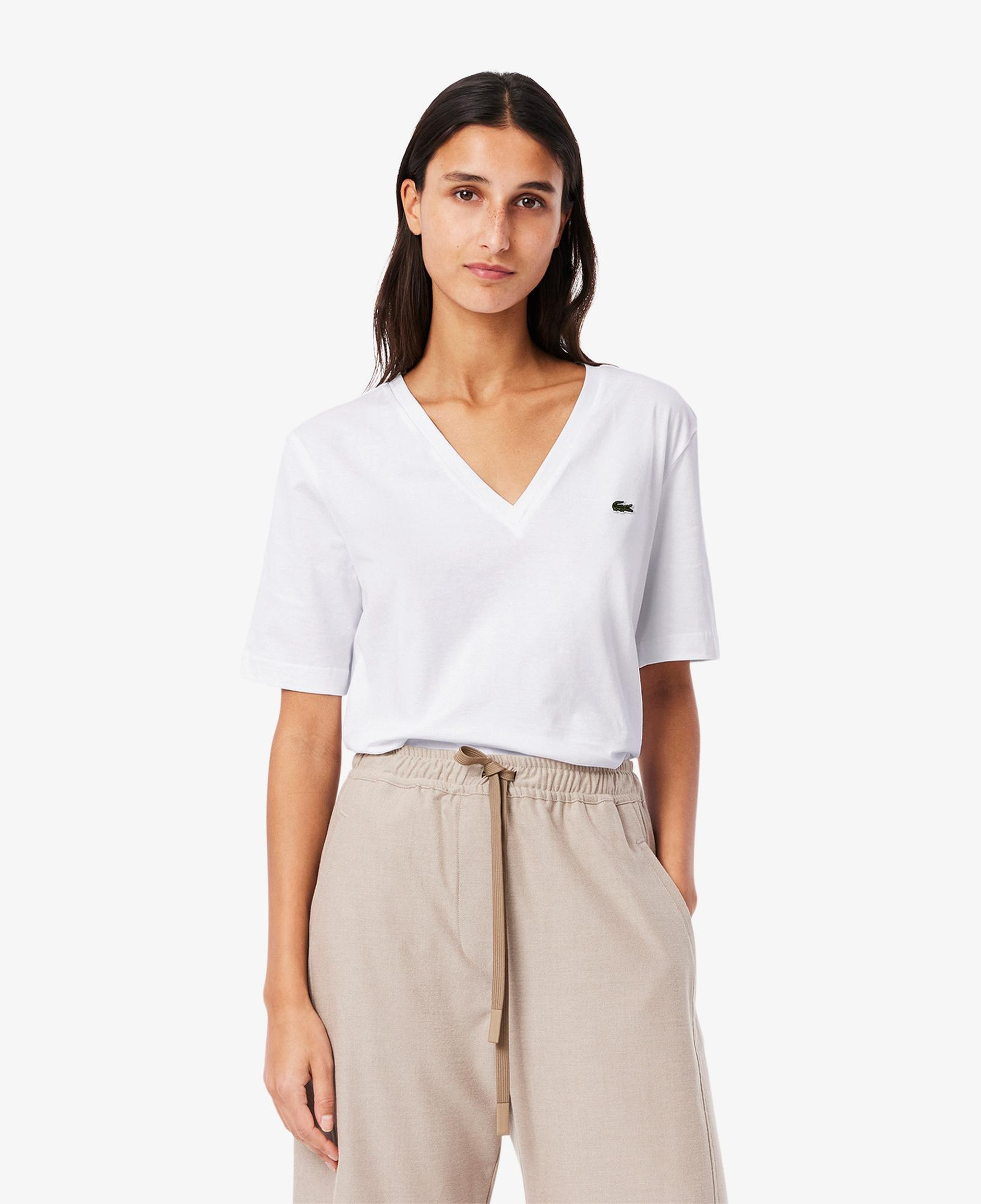 Lacoste Kadın Relaxed Fit V Yaka Beyaz T-Shirt