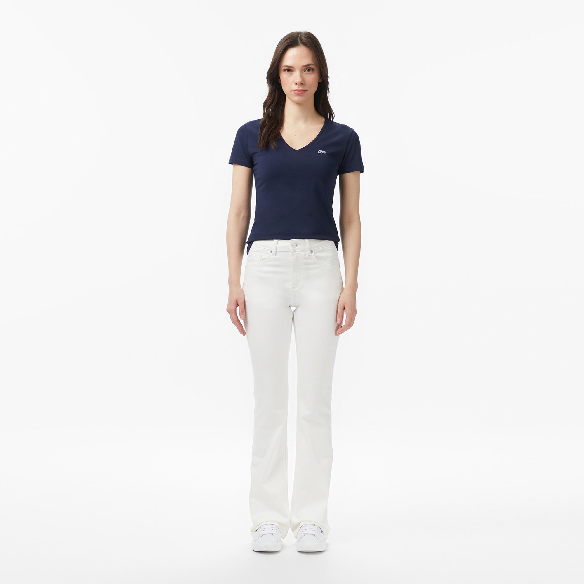 Lacoste Kadın Slim Fit V Yaka Lacivert T-Shirt