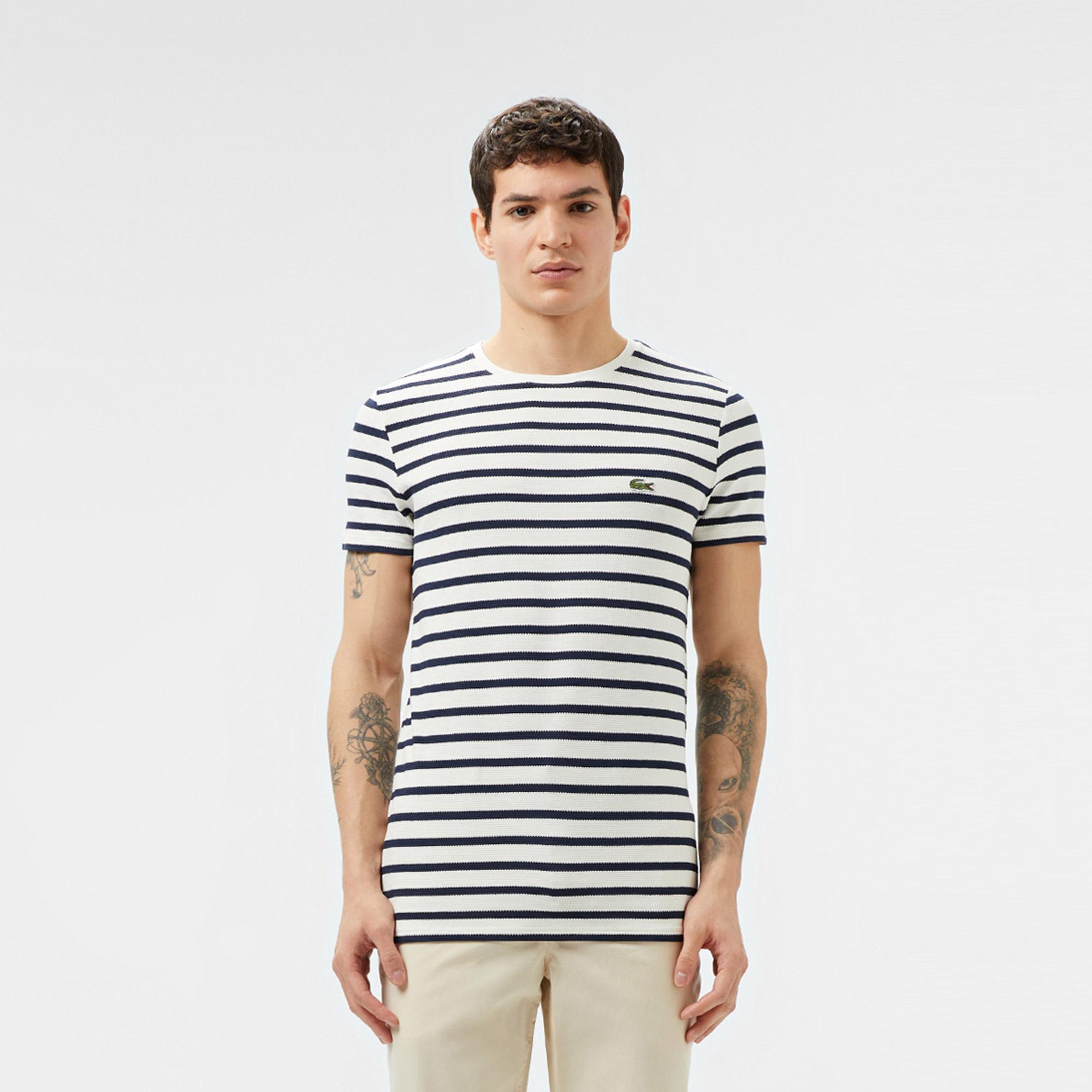 Lacoste Erkek Slim Fit Bisiklet Yaka Çizgili Beyaz T-Shirt