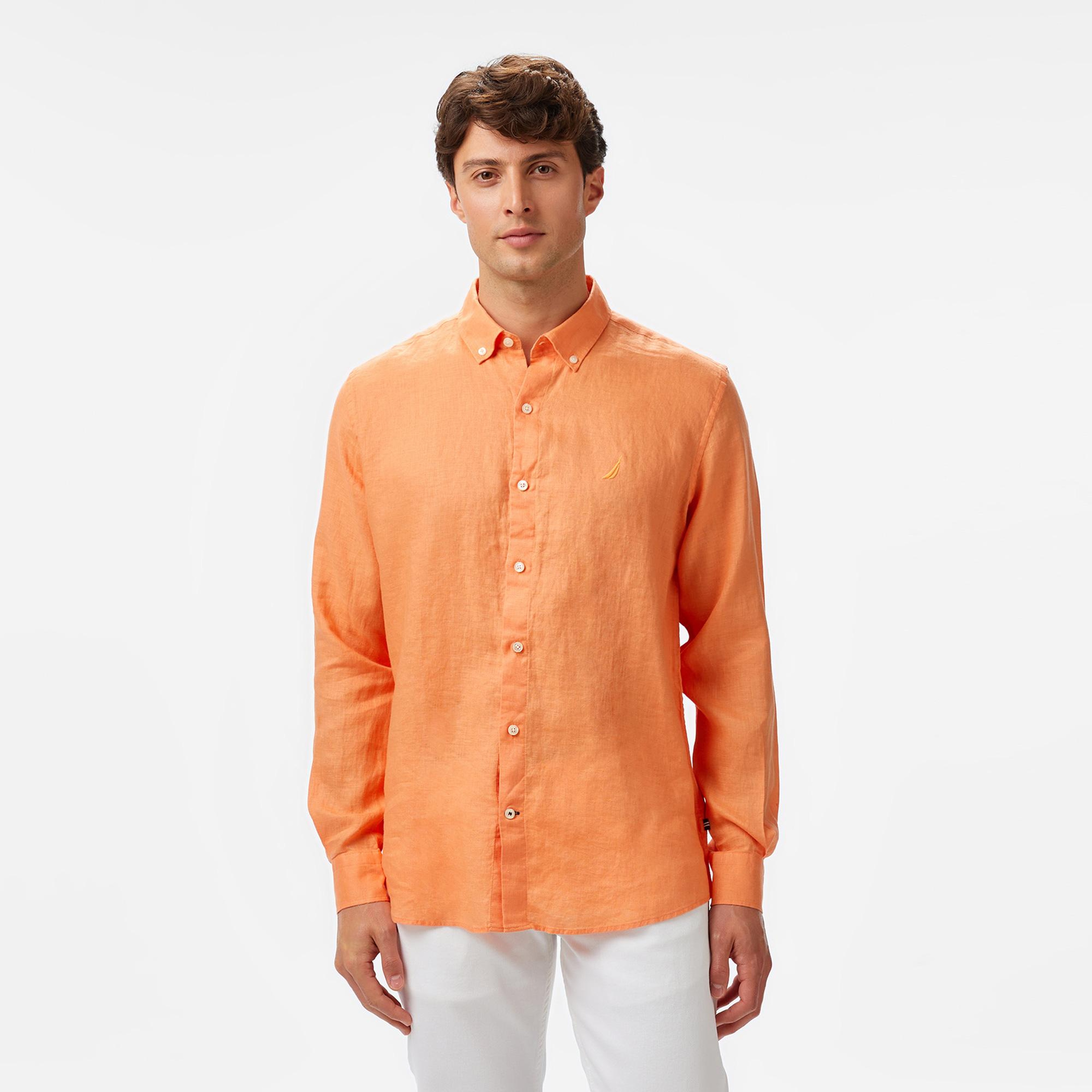 Nautica Erkek Turuncu Classic Fit Keten Gömlek