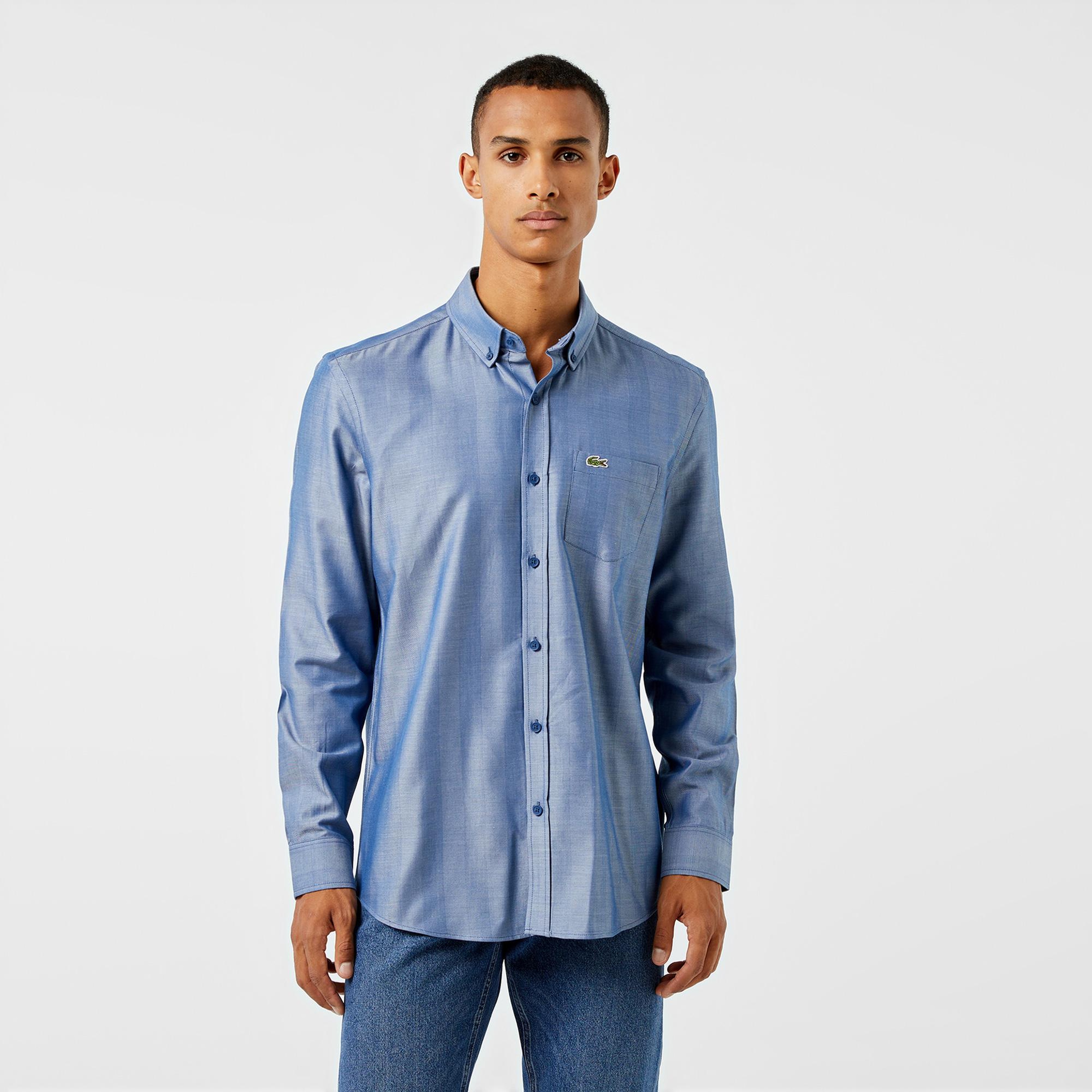 Erkek Slim Fit Düğmeli Yaka Koyu Mavi Gömlek