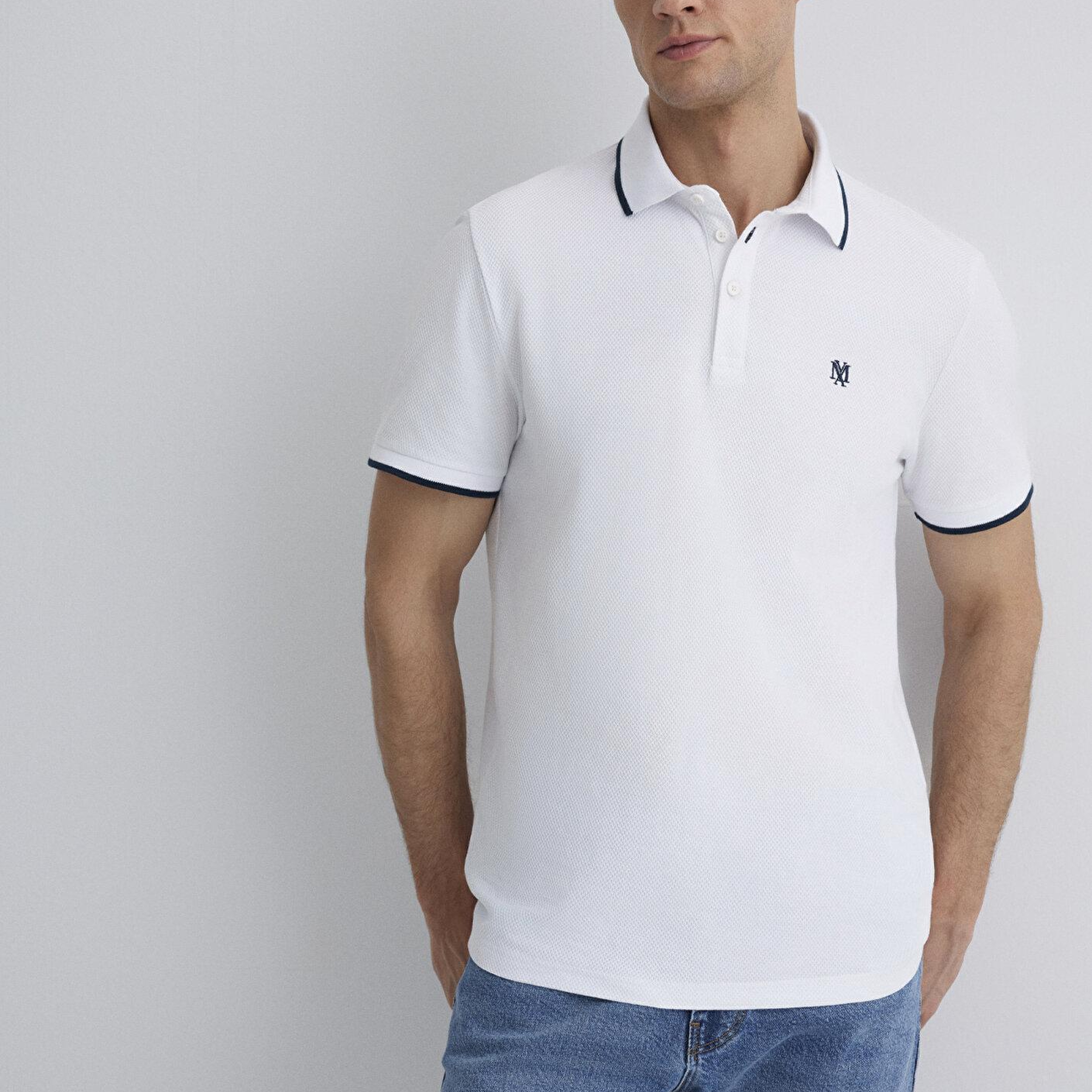 Mavi Şerit Detaylı Beyaz Polo Tişört Slim Fit / Dar Kesim 066039-620