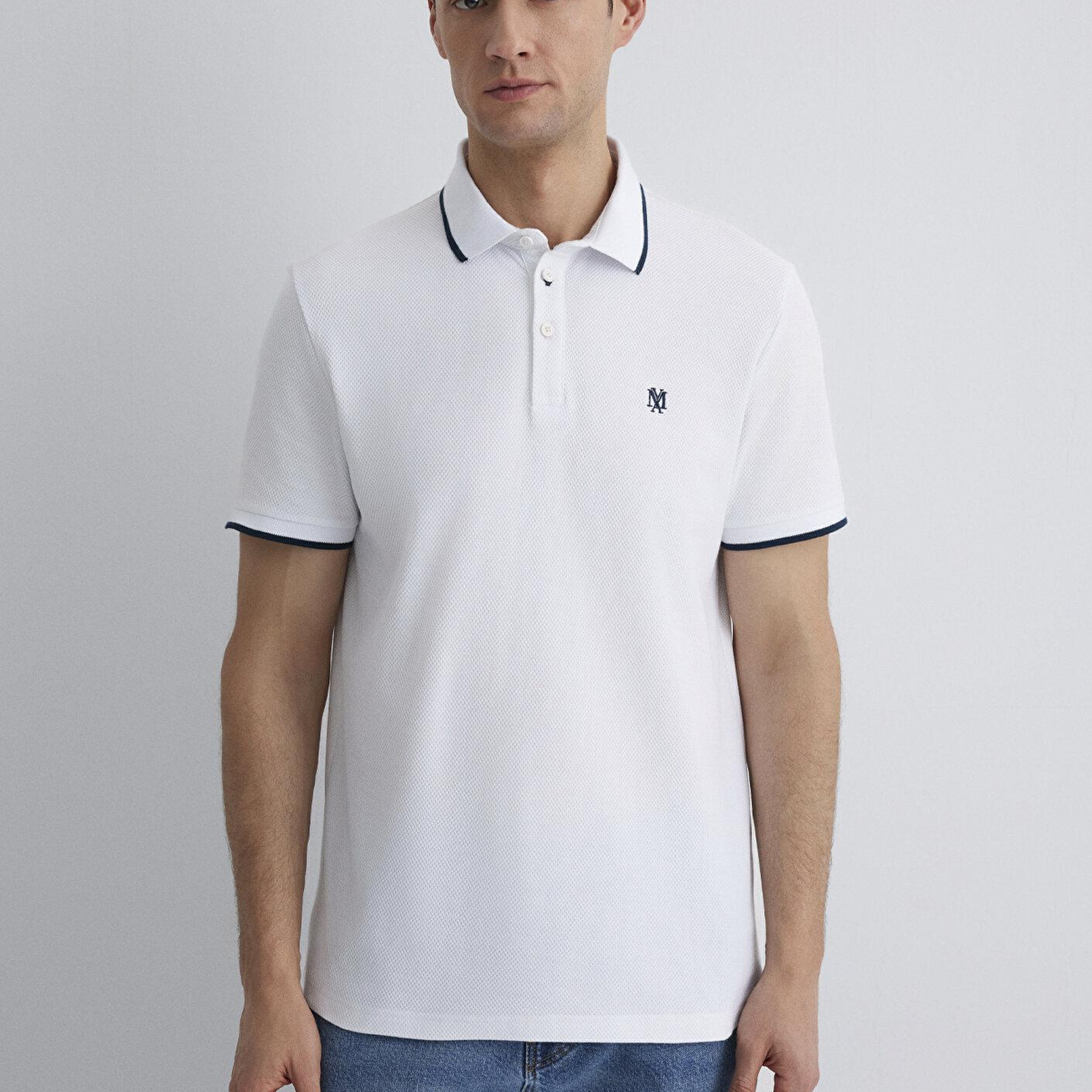 Mavi Şerit Detaylı Beyaz Polo Tişört Slim Fit / Dar Kesim 066039-620