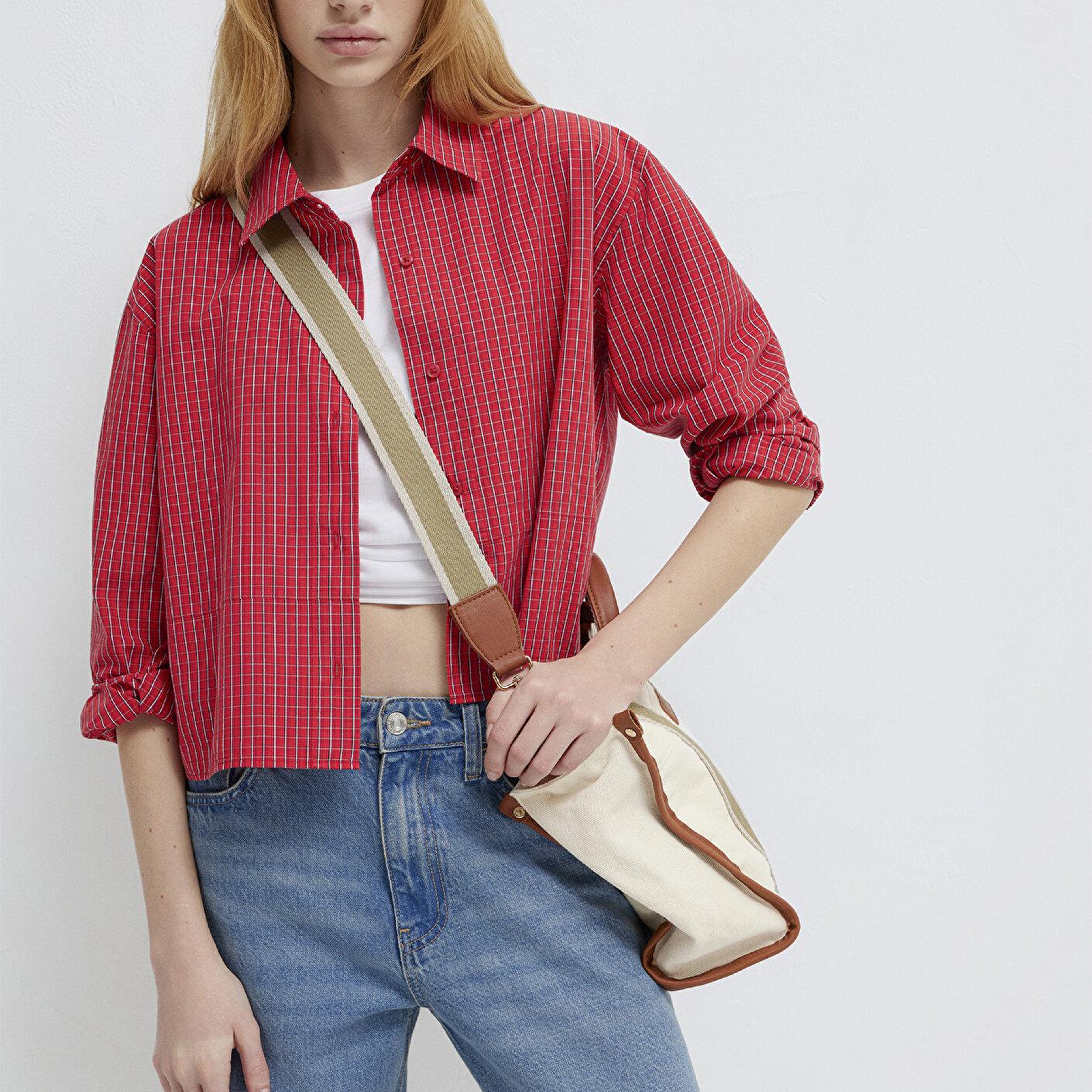 Mavi Ekose Kırmızı Crop Gömlek Loose Fit / Bol Rahat Kesim 1211401-83904