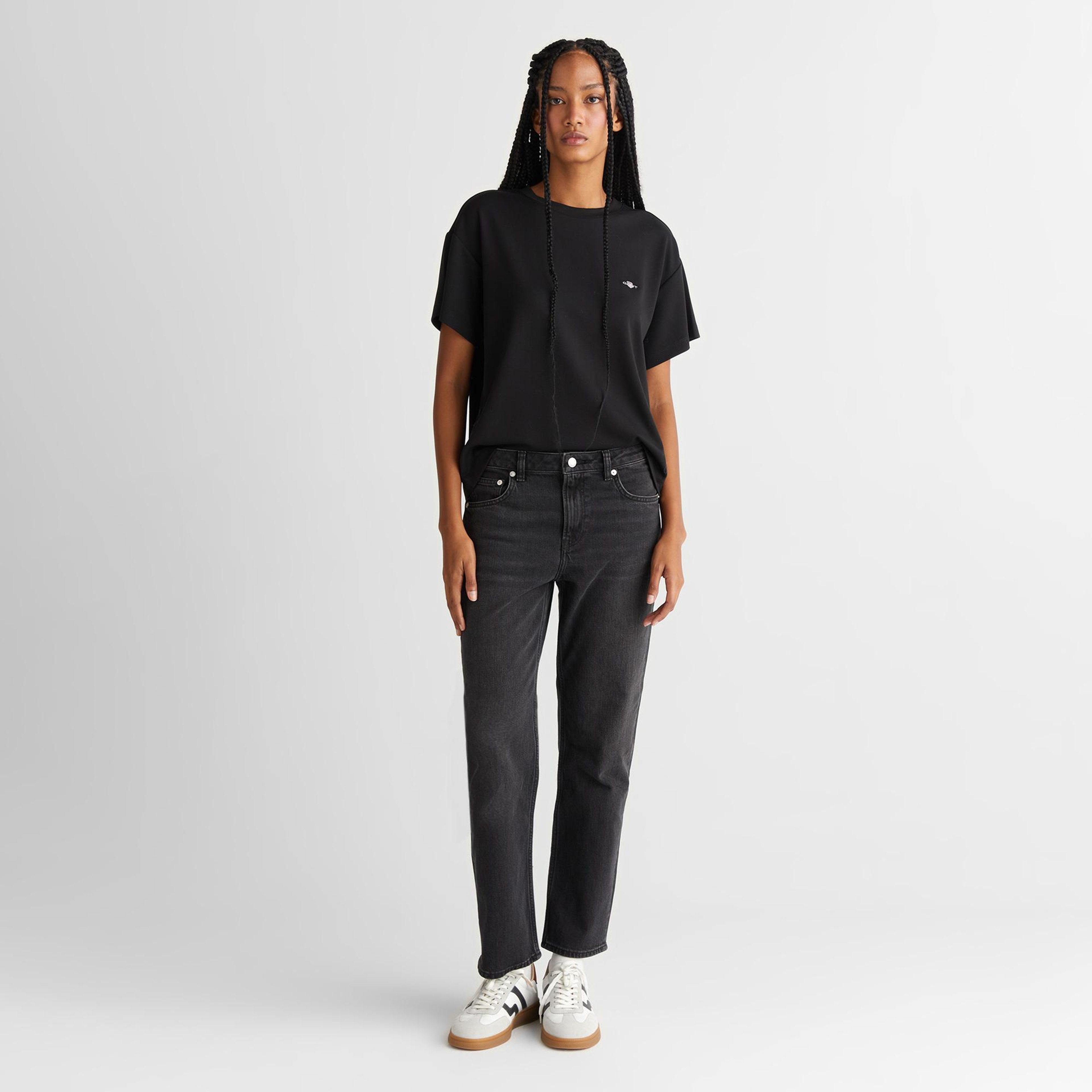 GANT Kadın Siyah Regular Fit Bisiklet Yaka T-Shirt