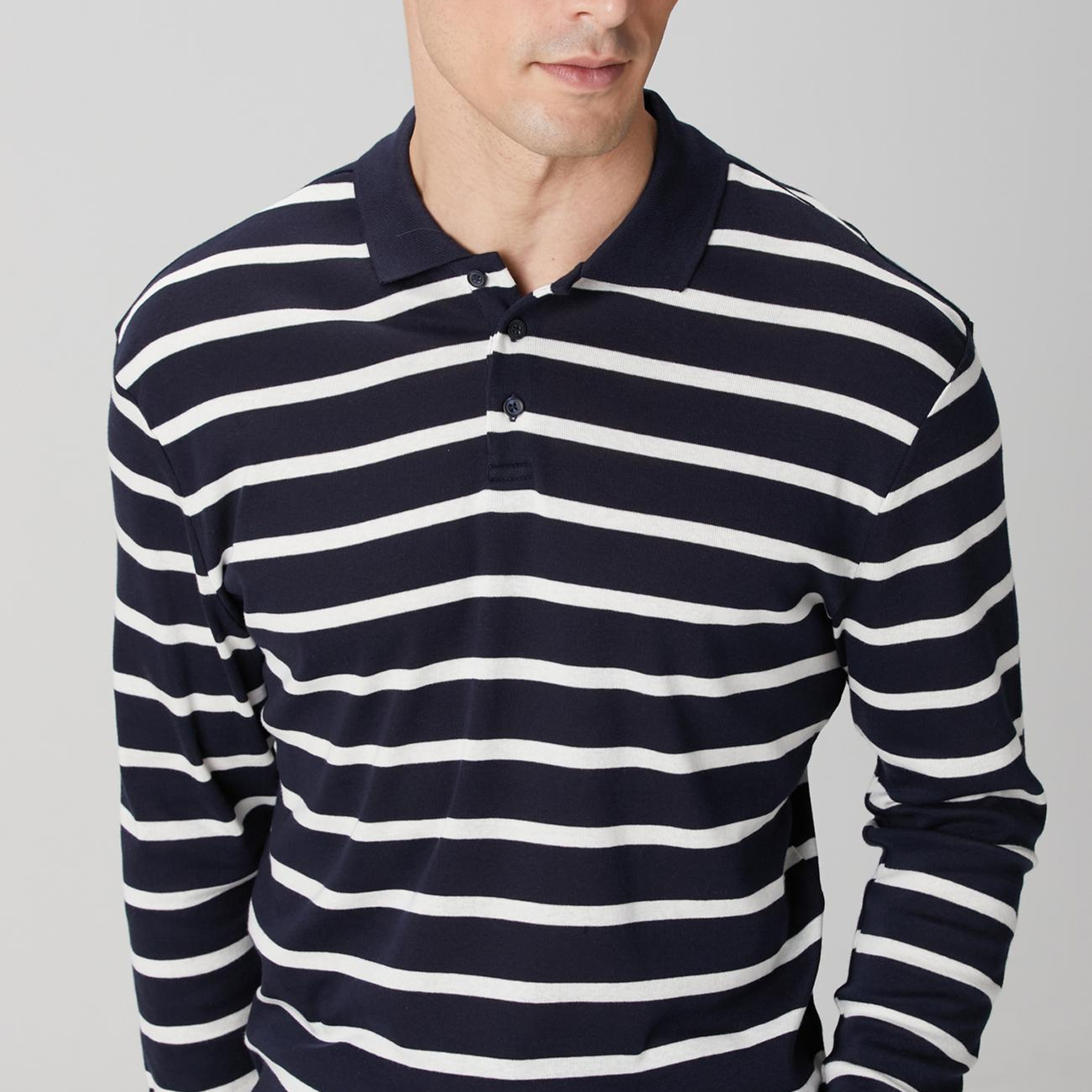 Network Erkek Lacivert Beyaz Çizgili Polo Yaka Sweatshirt