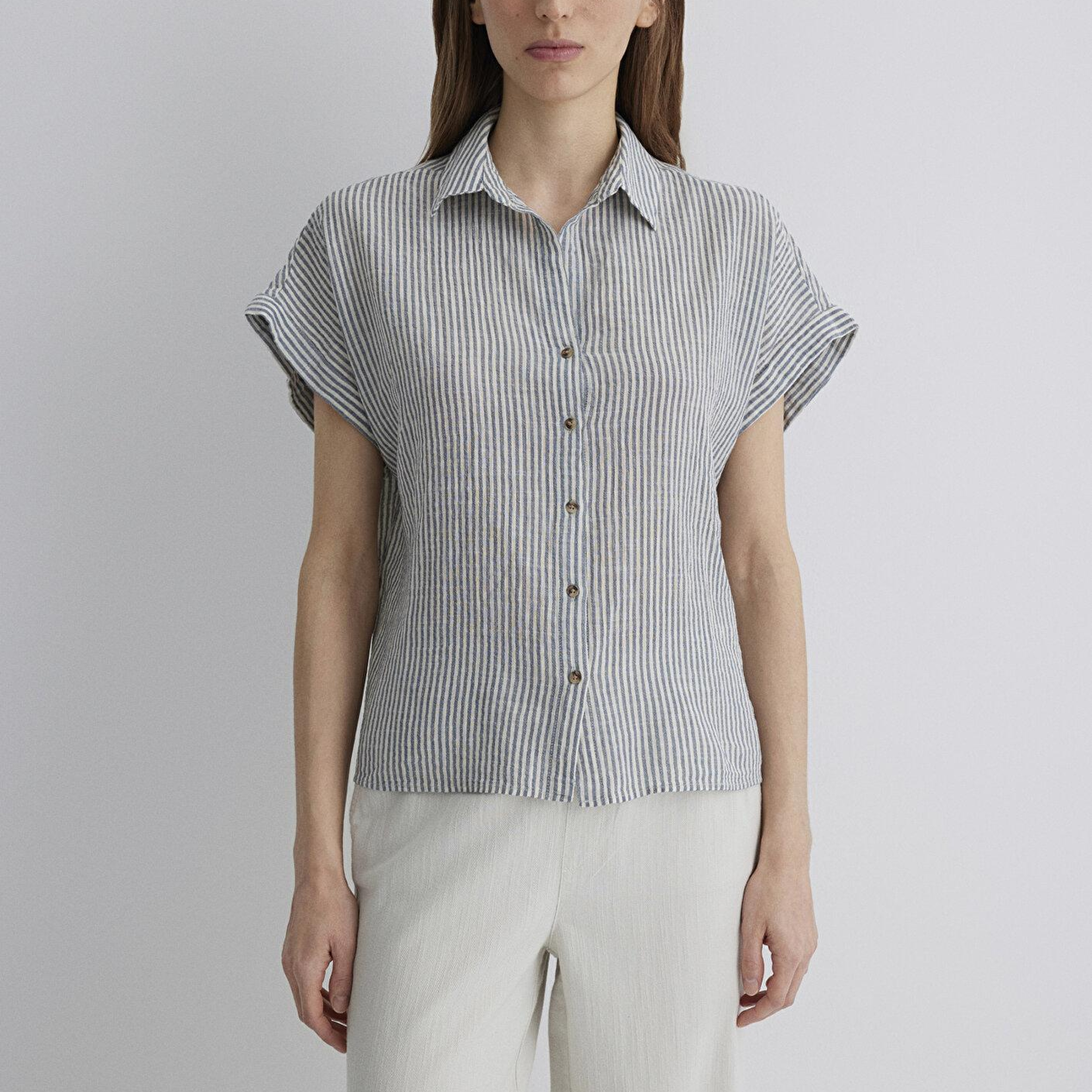 Mavi Çizgili Gömlek Loose Fit / Bol Rahat Kesim 1210445-89853