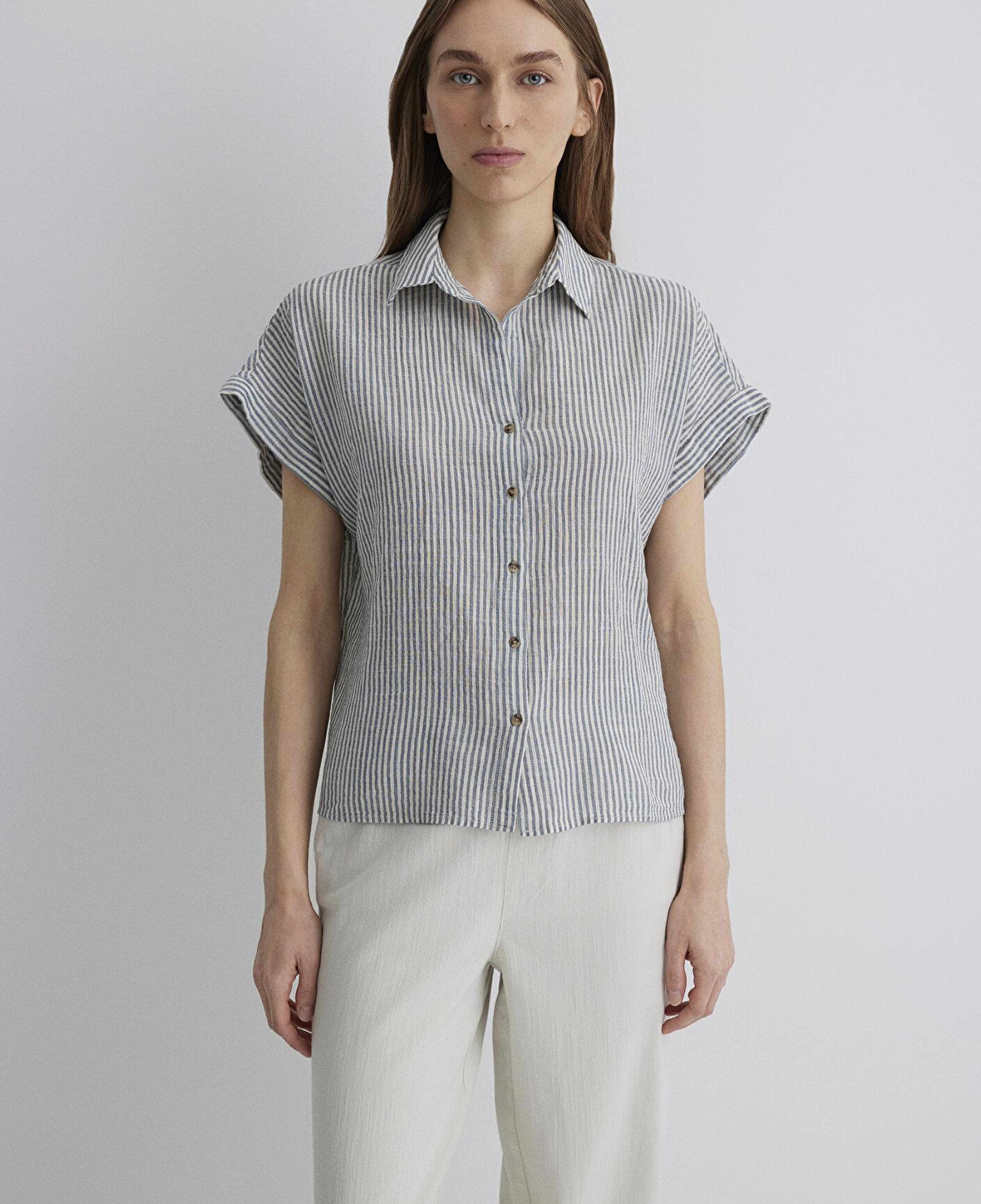 Mavi Çizgili Gömlek Loose Fit / Bol Rahat Kesim 1210445-89853