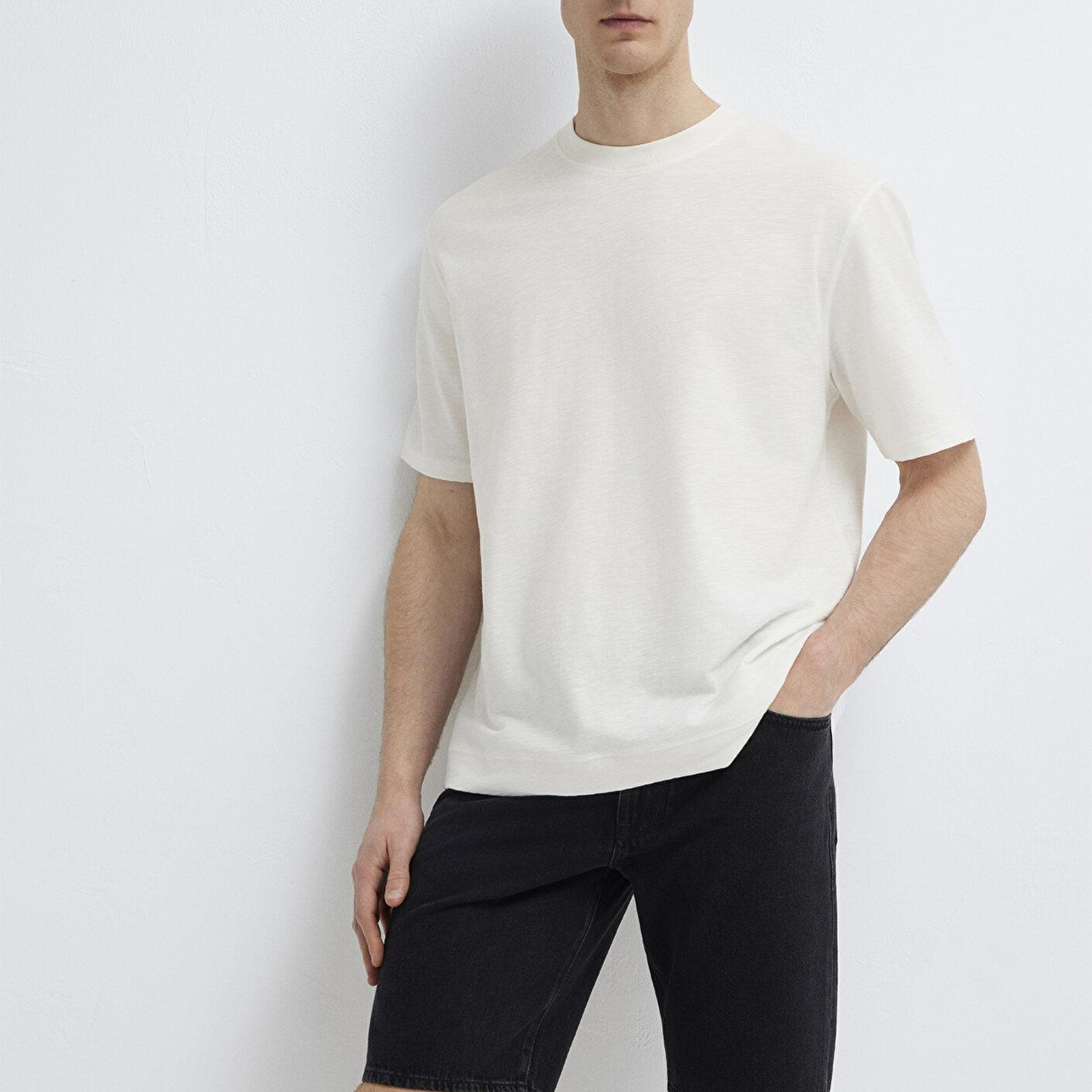 Mavi Ekru Basic Tişört Loose Fit / Bol Rahat Kesim 0613316-80194