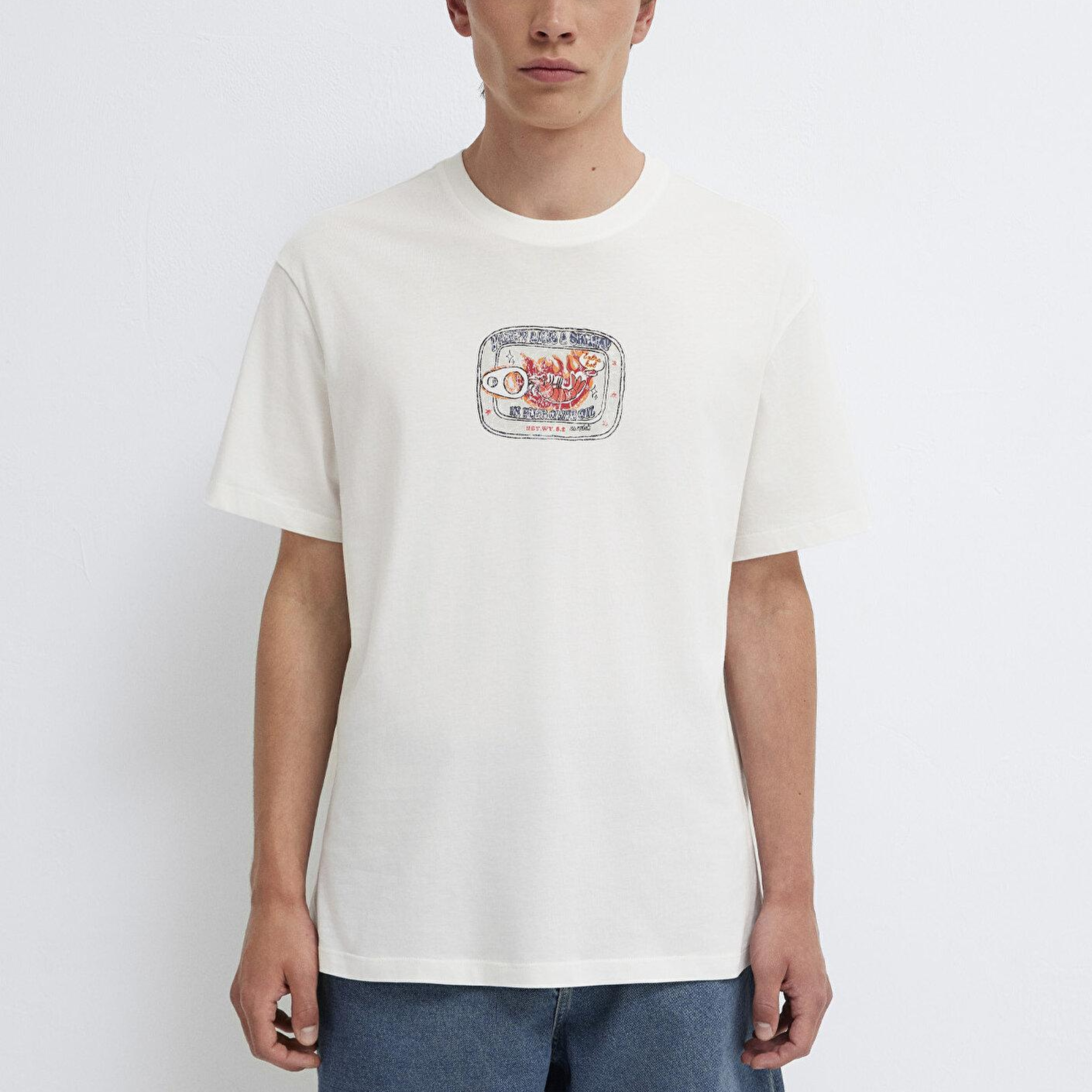 Mavi Baskılı Ekru Tişört Loose Fit / Bol Rahat Kesim 0613384-80194