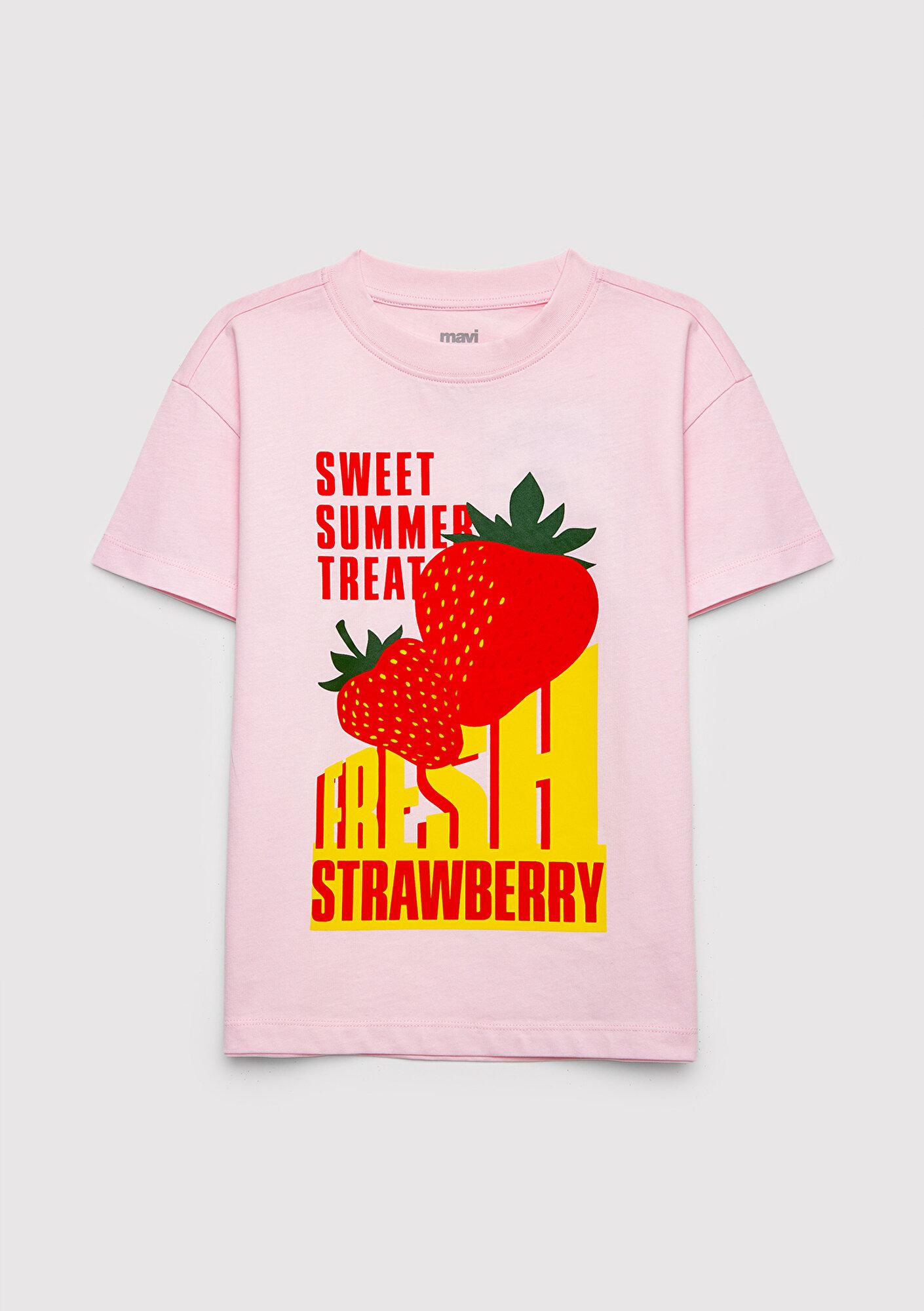 Mavi Baskılı Pembe Tişört Loose Fit / Bol Rahat Kesim 7610432-90773