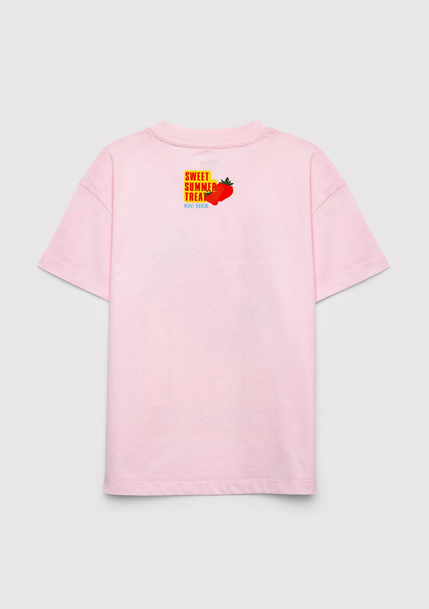 Mavi Baskılı Pembe Tişört Loose Fit / Bol Rahat Kesim 7610432-90773