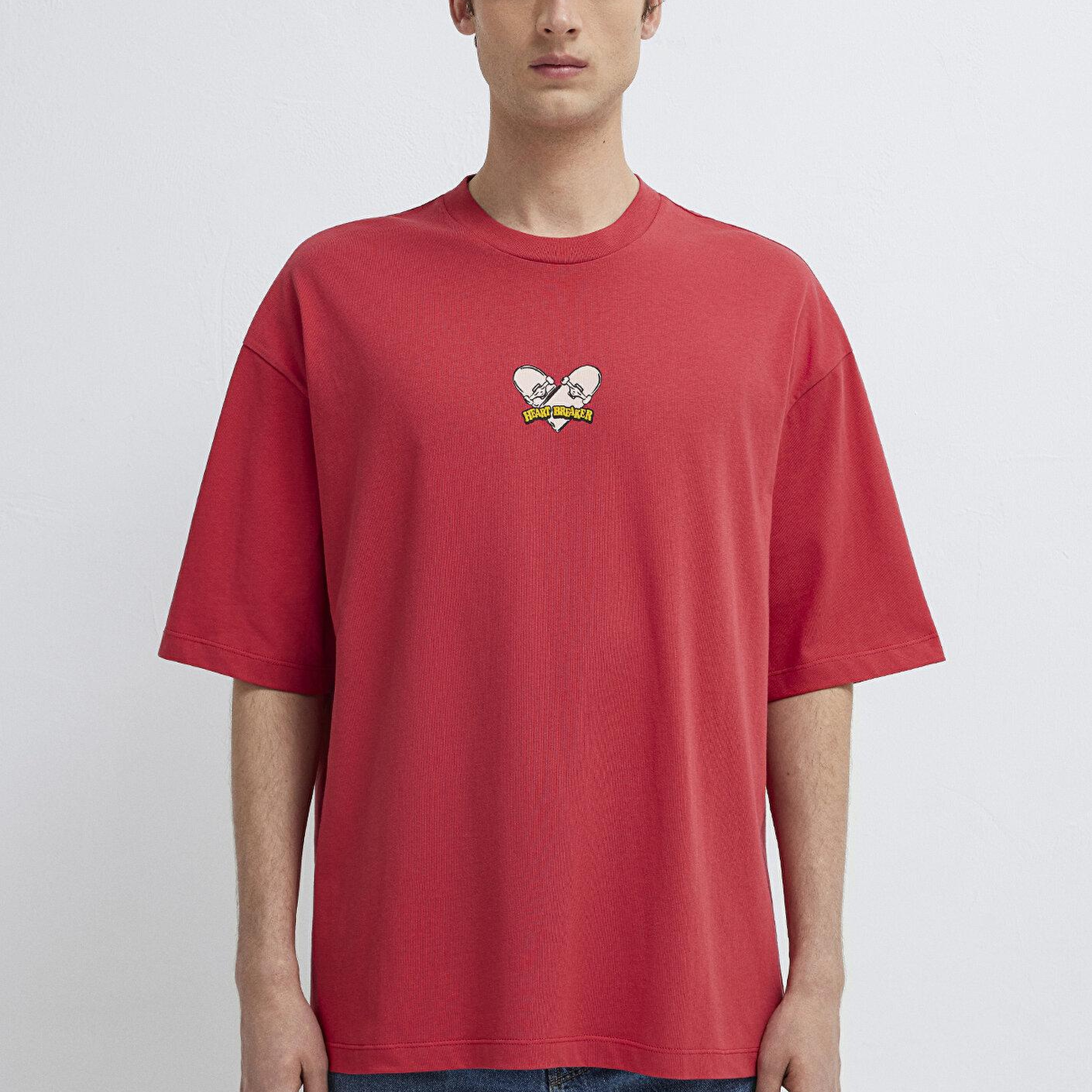 Mavi Heart Breaker Baskılı Kırmızı Tişört Oversize / Geniş Kesim 0613647-70428