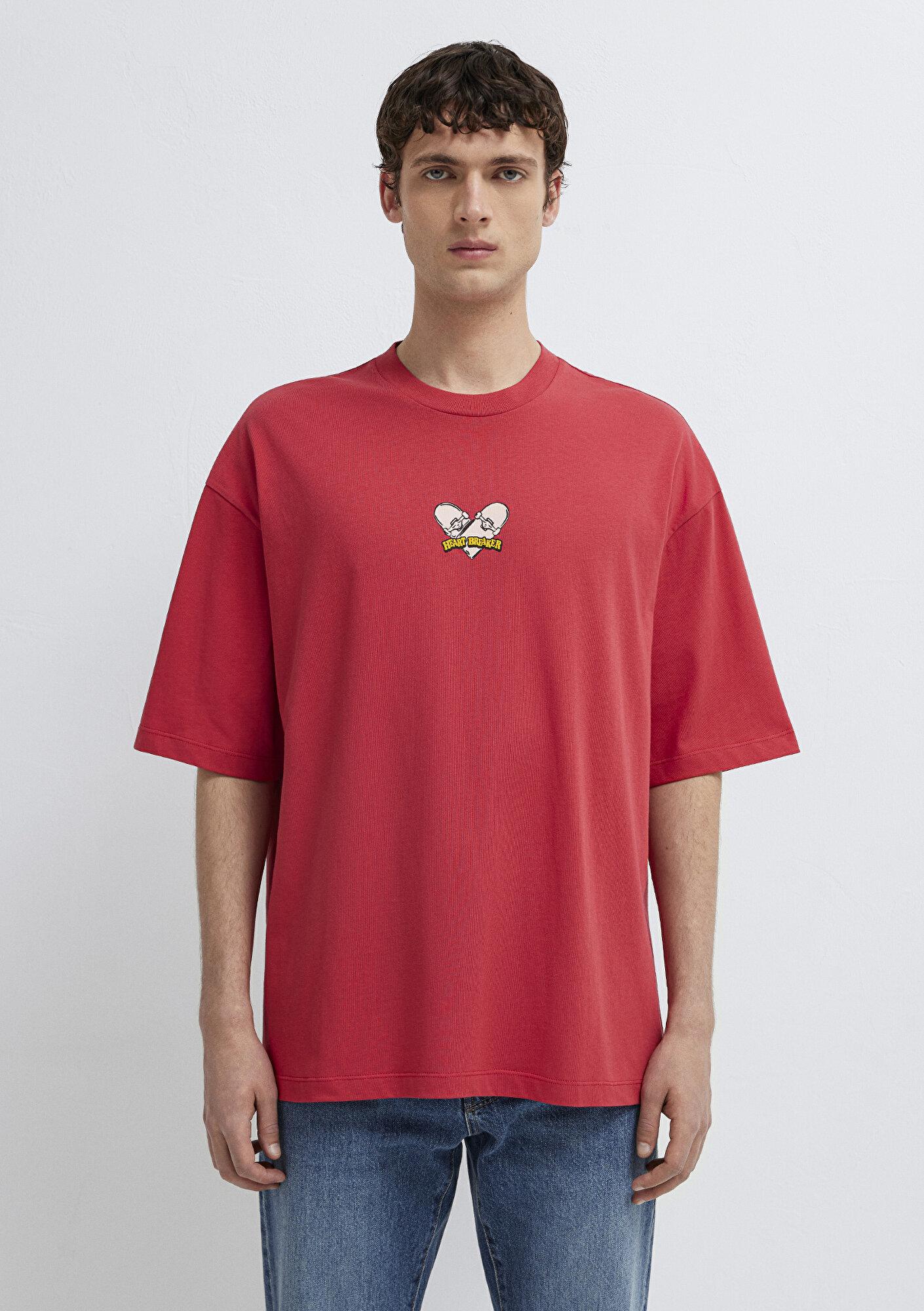 Mavi Heart Breaker Baskılı Kırmızı Tişört Oversize / Geniş Kesim 0613647-70428