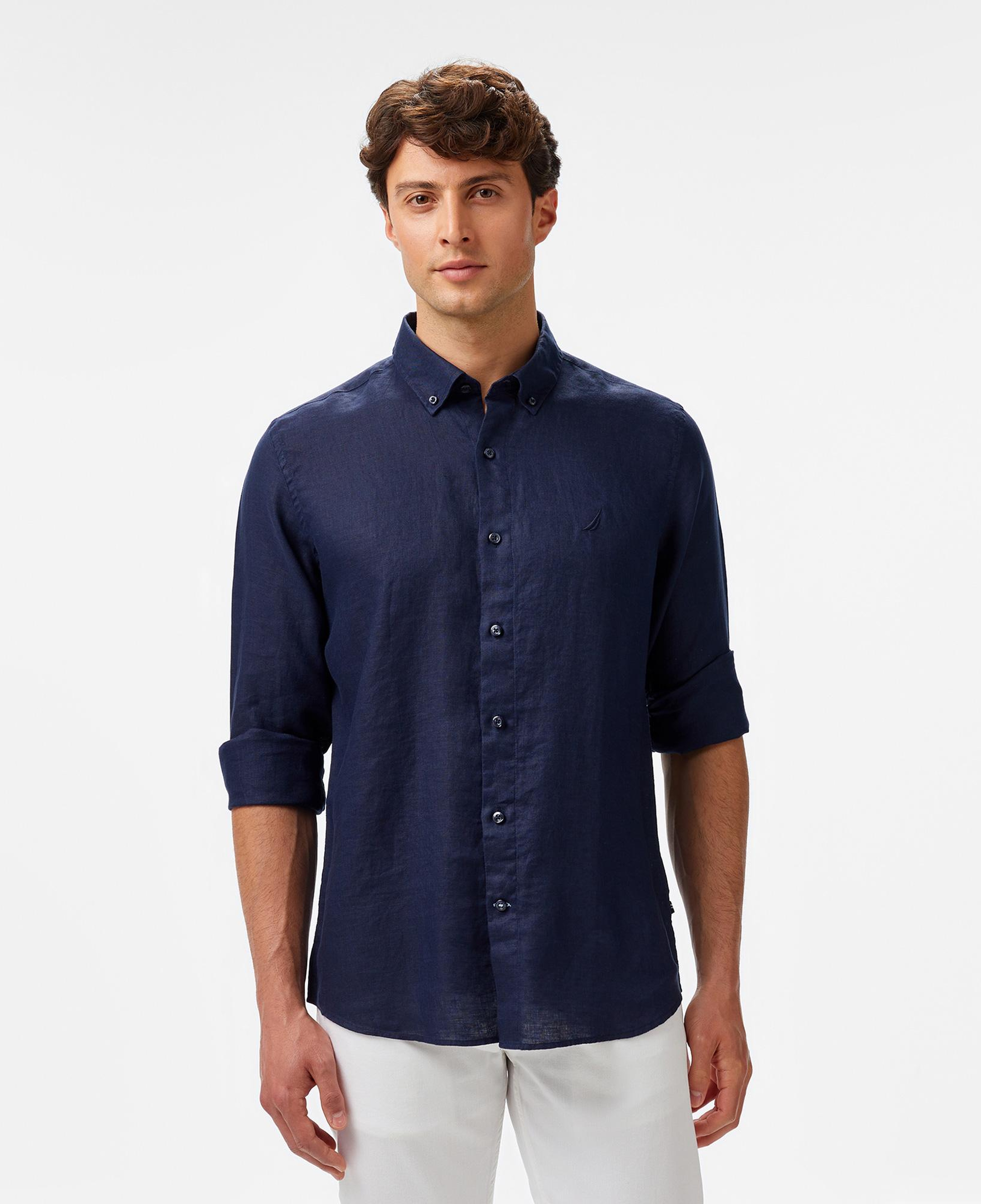 Nautica Erkek Lacivert Classic Fit Keten Gömlek