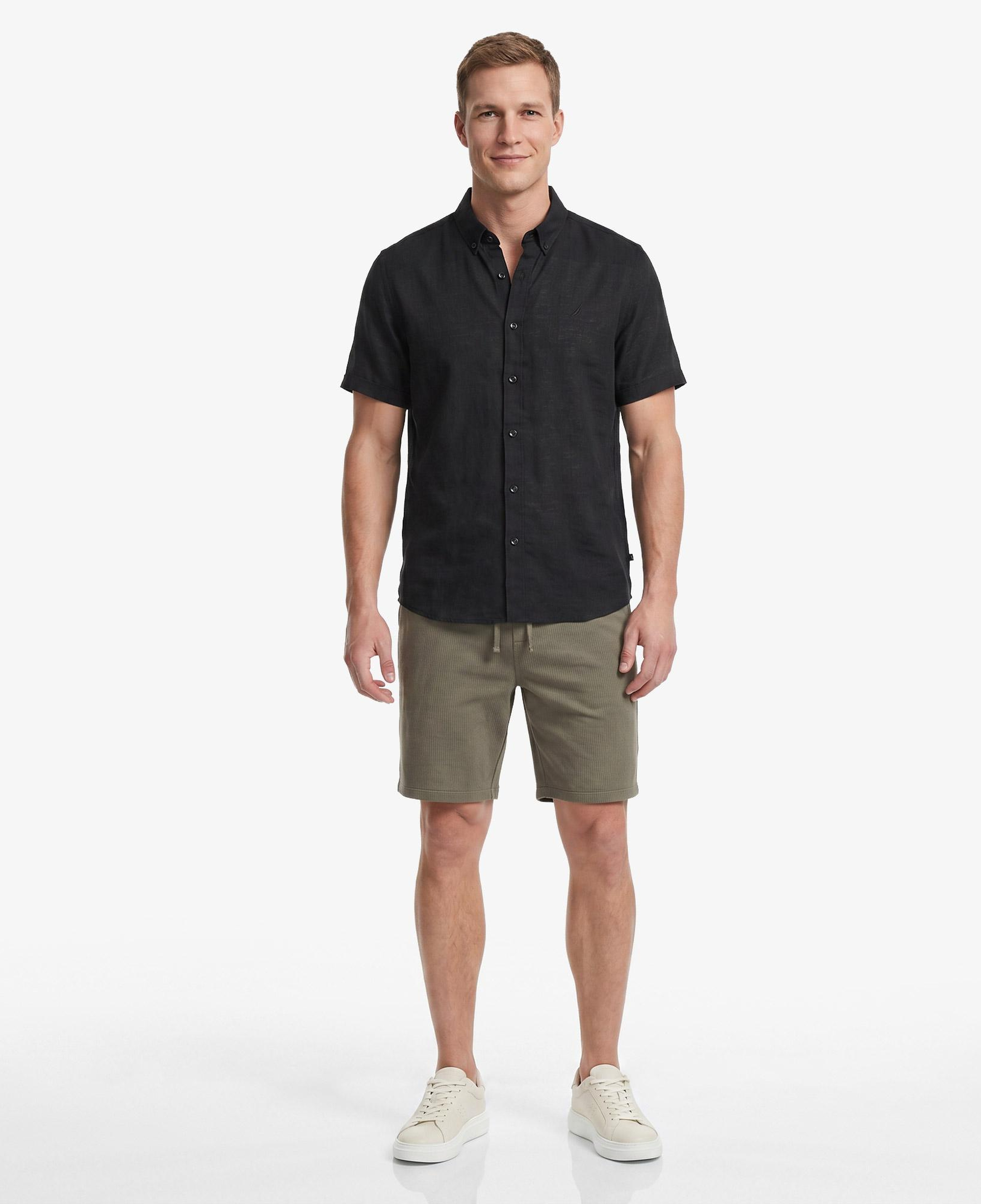Nautica Erkek Siyah Regular Fit Kısa Kollu Keten Gömlek