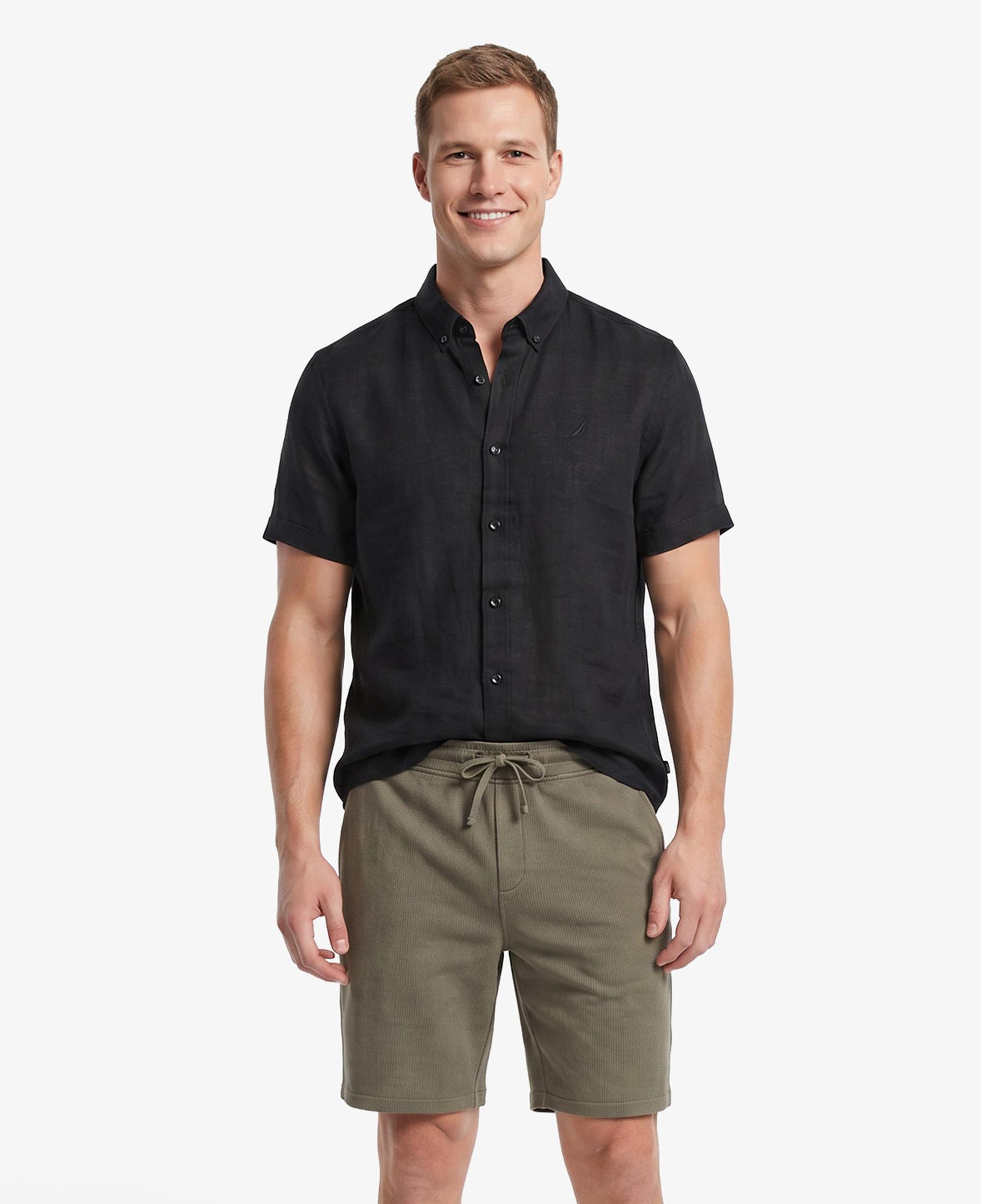 Nautica Erkek Siyah Regular Fit Kısa Kollu Keten Gömlek