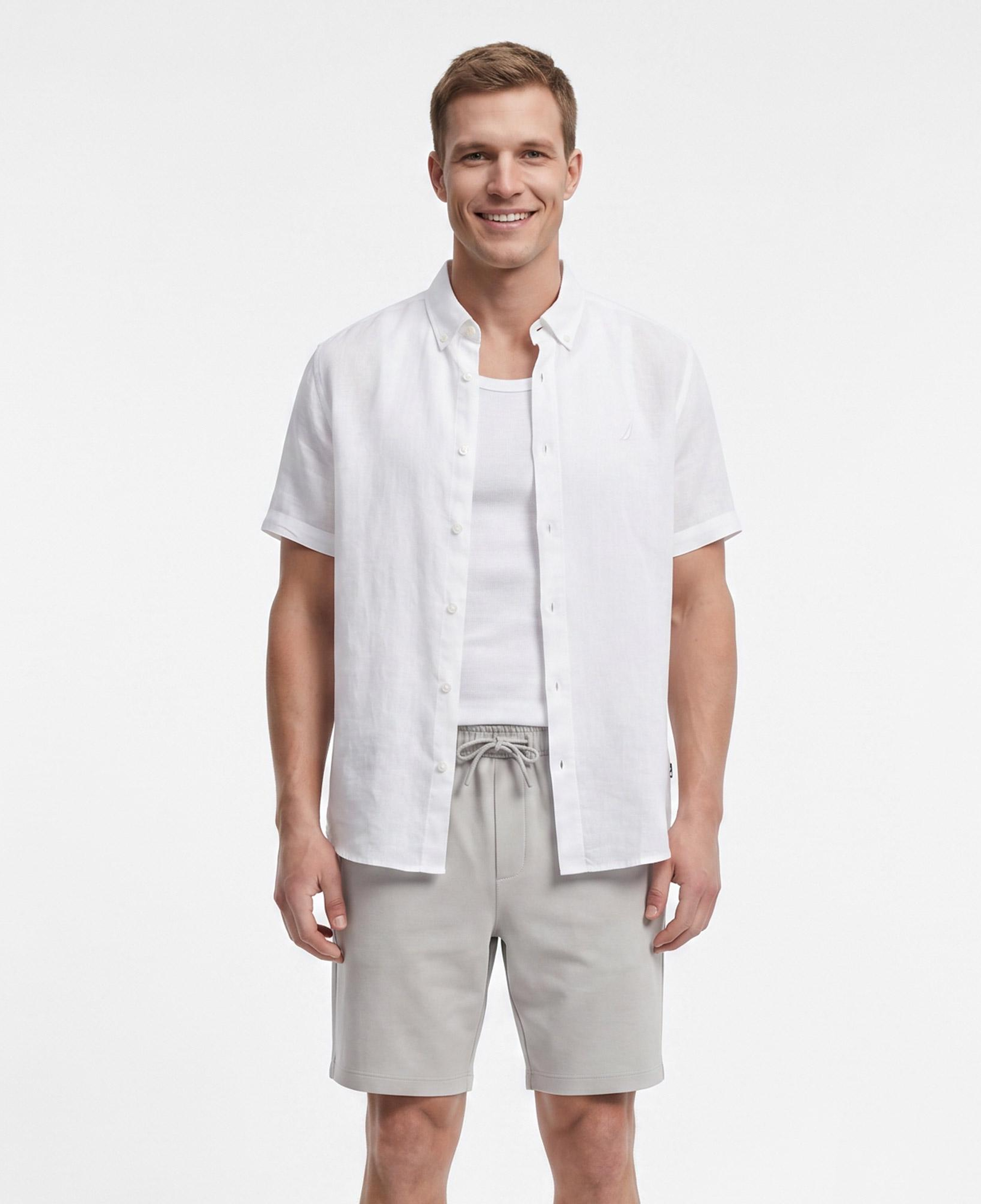 Nautica Erkek Beyaz Regular Fit Kısa Kollu Keten Gömlek