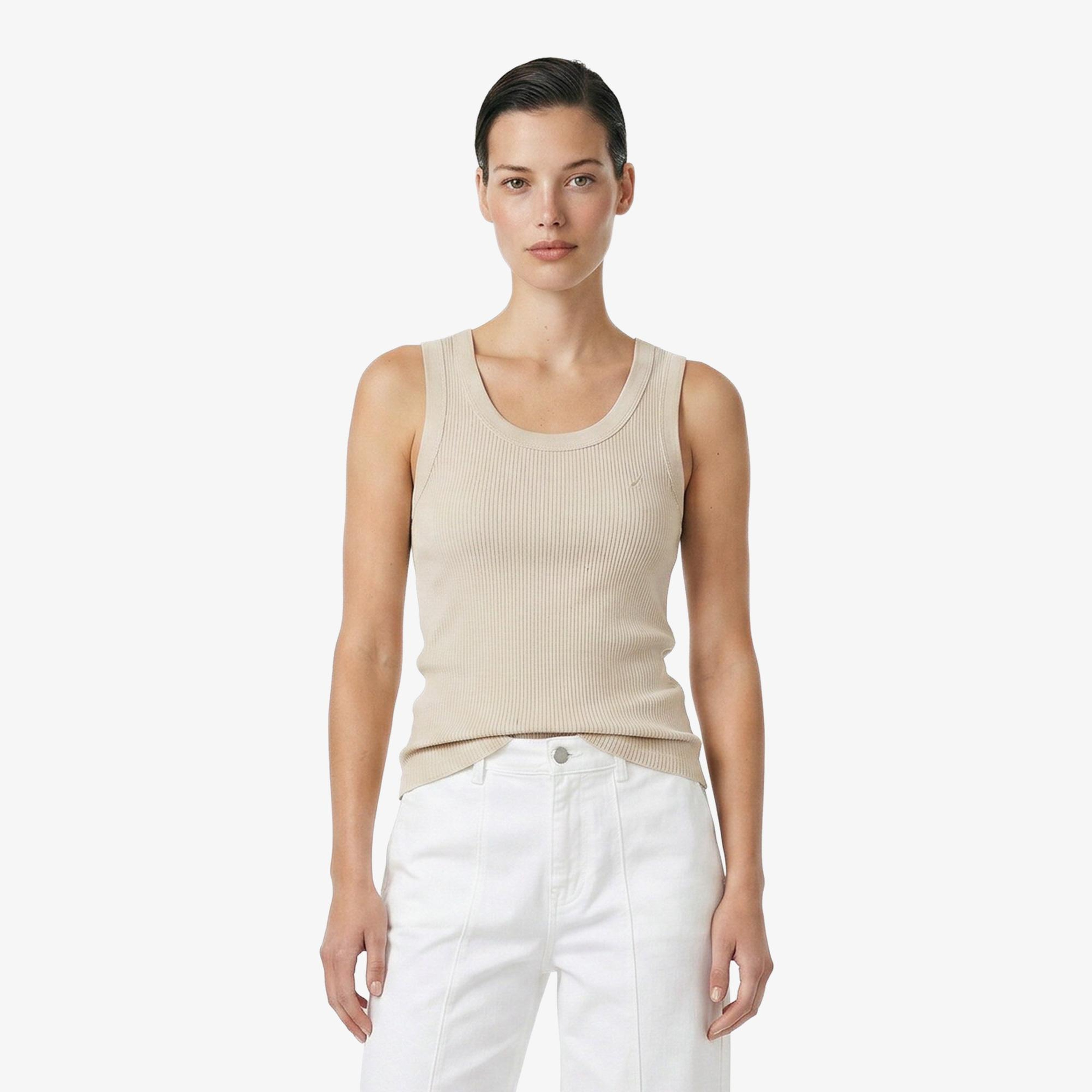Nautica Kadın Bej Slim Fit Kolsuz T-Shirt