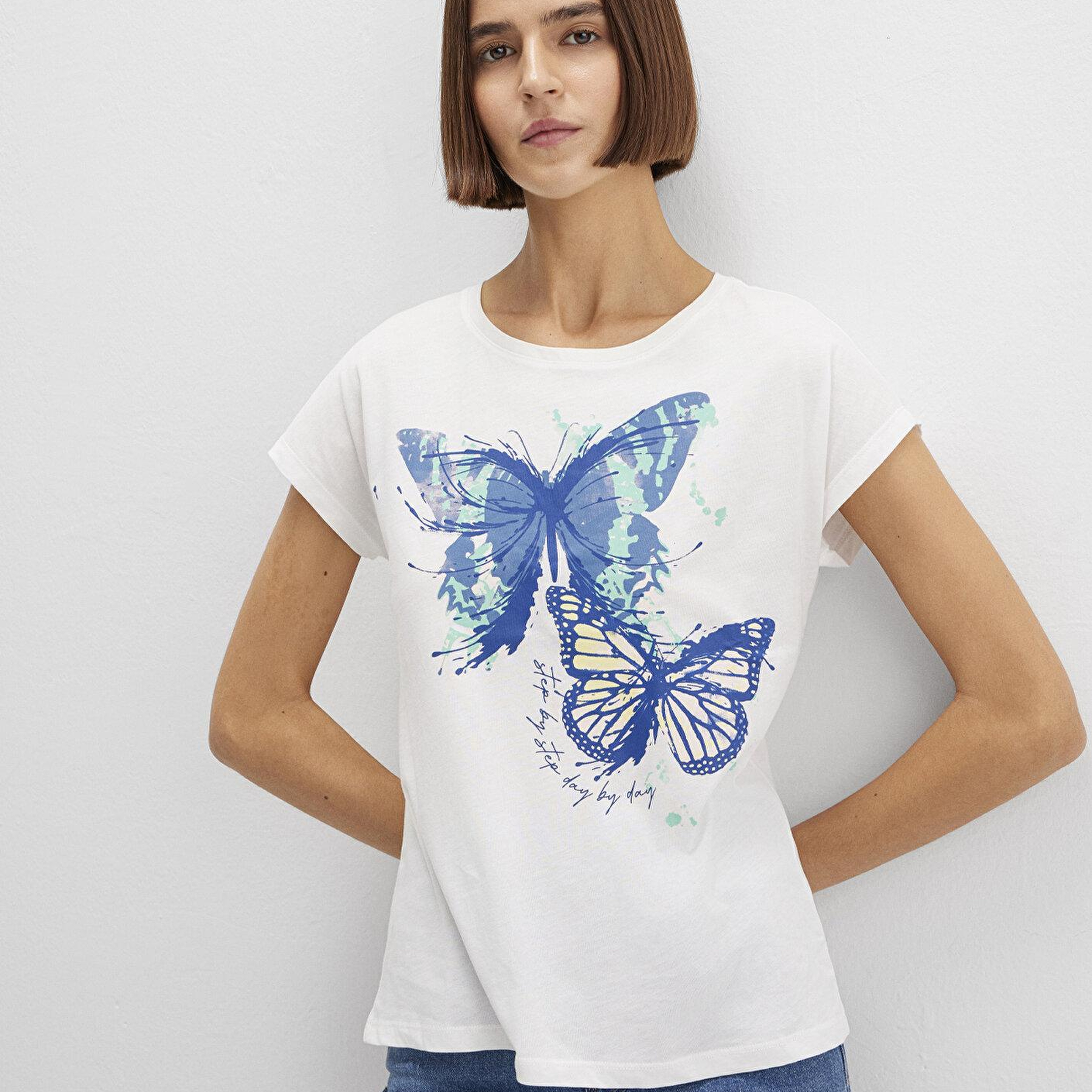 Mavi Kelebek Baskılı Beyaz Tişört Regular Fit / Normal Kesim 1612620-70057