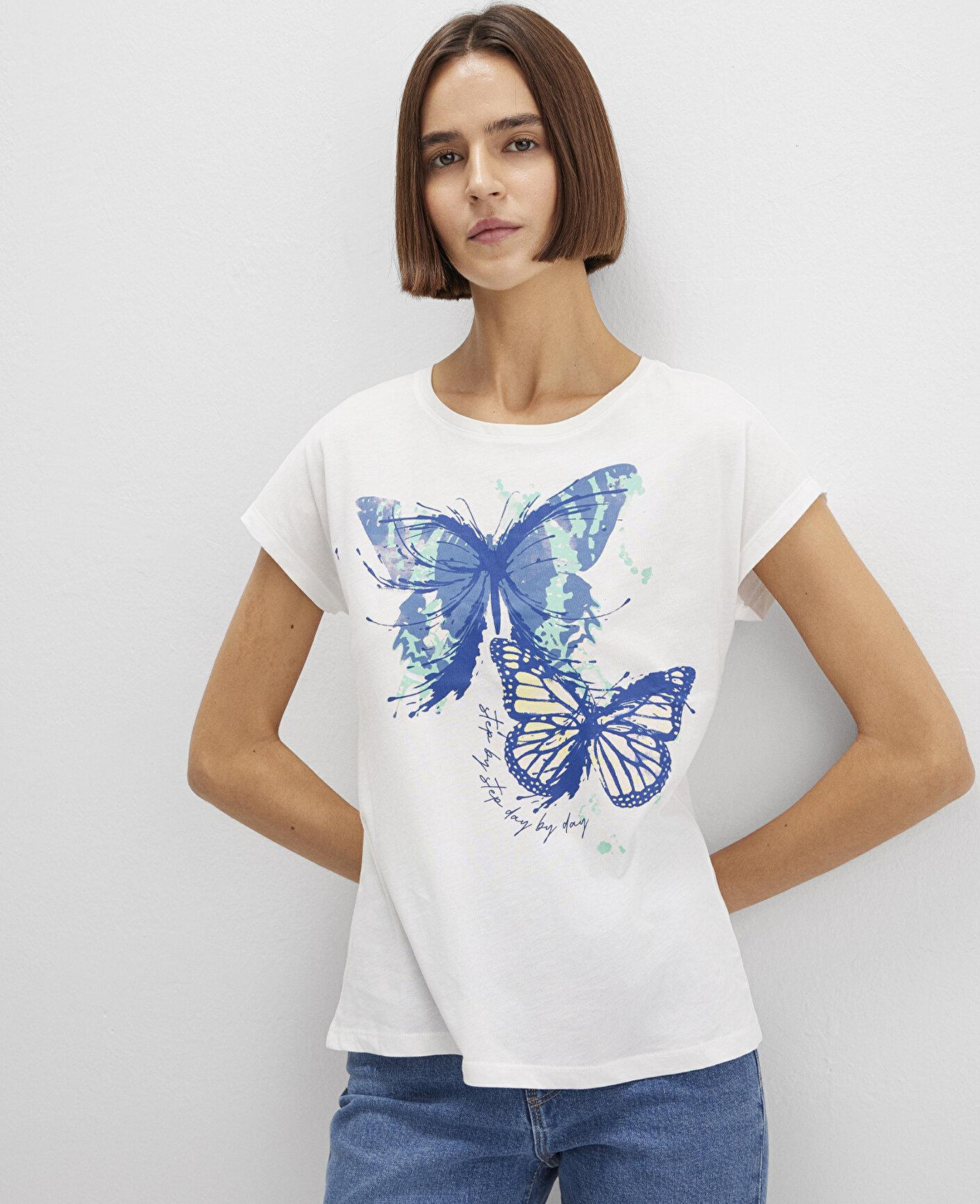 Mavi Kelebek Baskılı Beyaz Tişört Regular Fit / Normal Kesim 1612620-70057