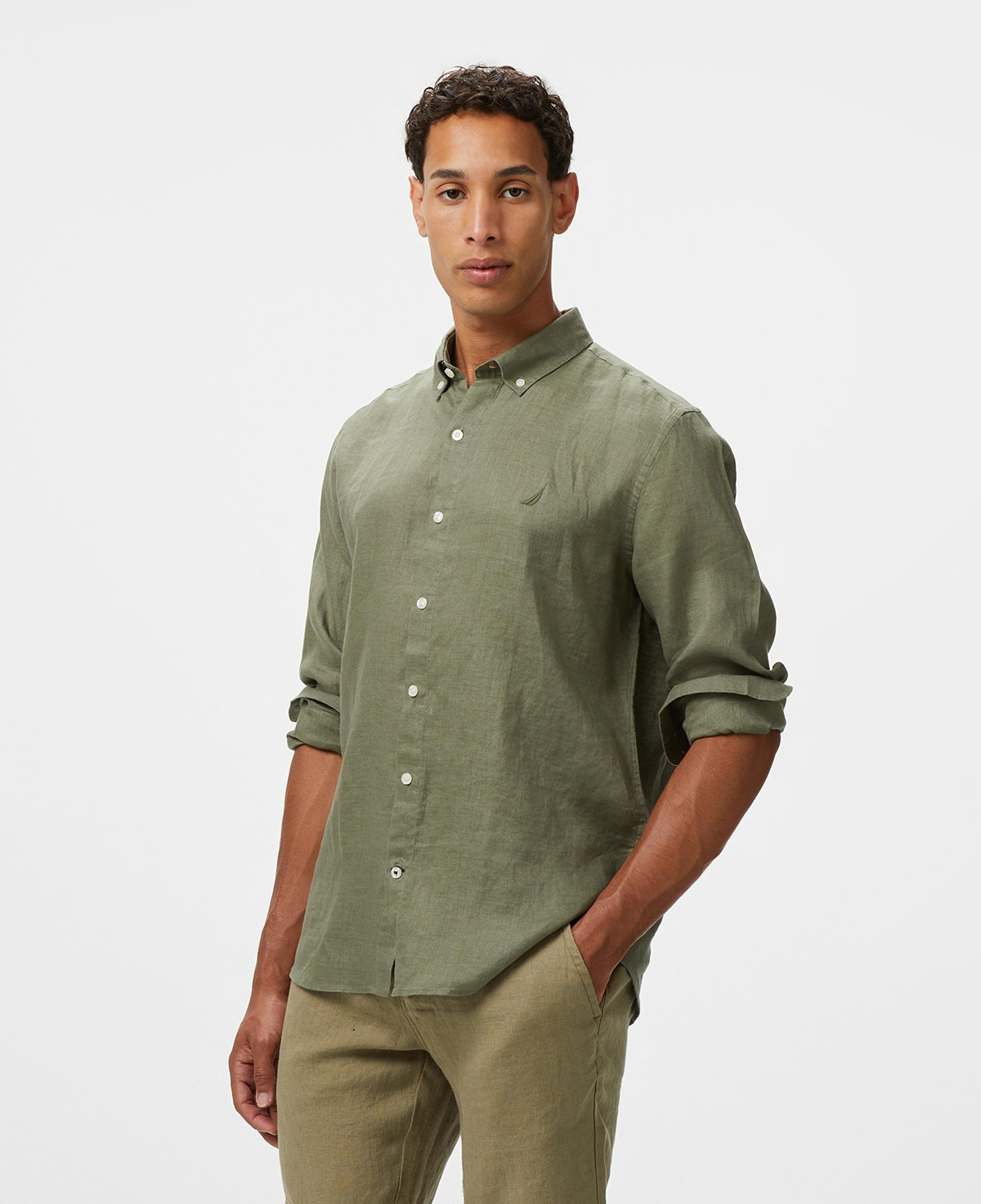 Nautica Erkek Yeşil Classic Fit Keten Gömlek