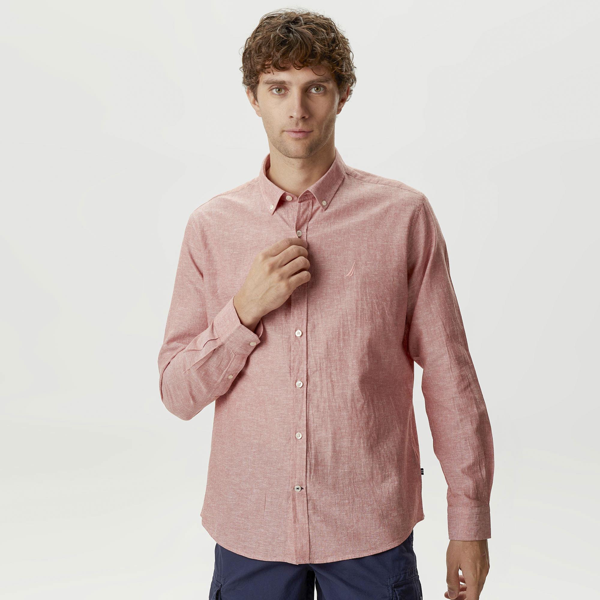 Nautica Erkek Bordo Slim Fit Uzun Kollu Keten Gömlek