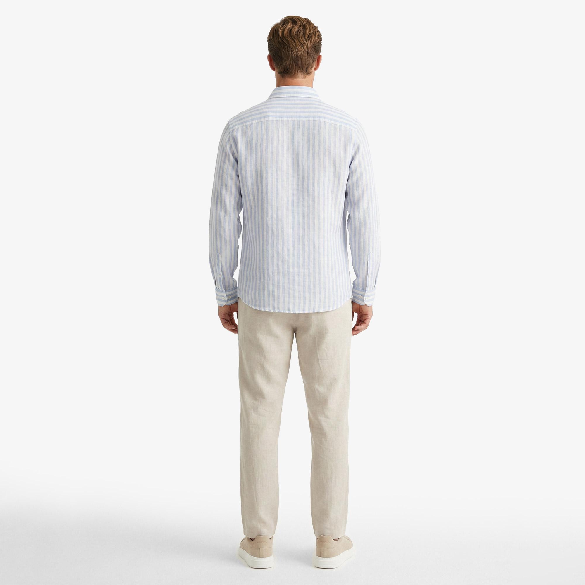Nautica Erkek Mavi Regular Fit Çizgili Keten Gömlek