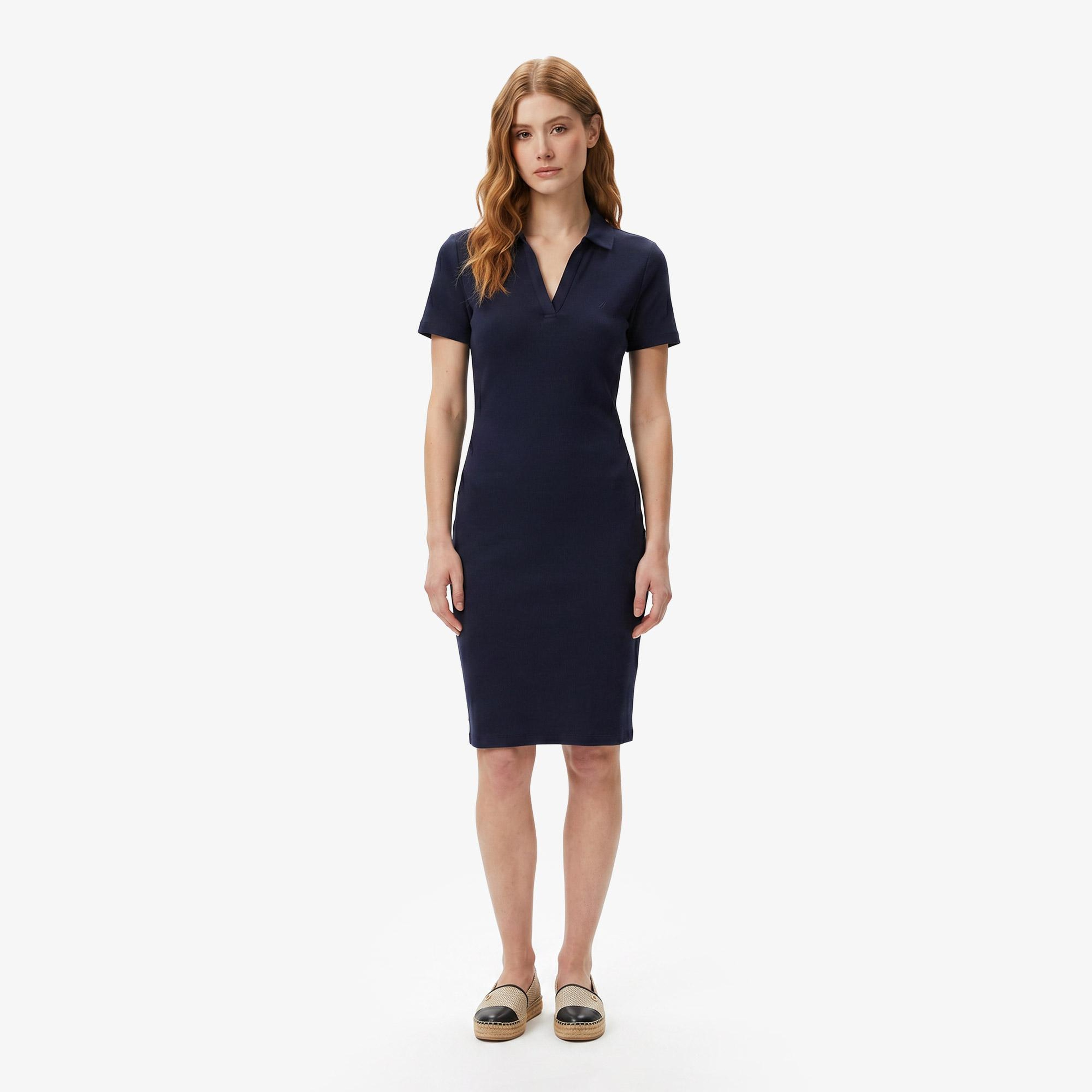 Nautica Kadın Lacivert Slim Fit Kısa Kollu Çizgili Elbise