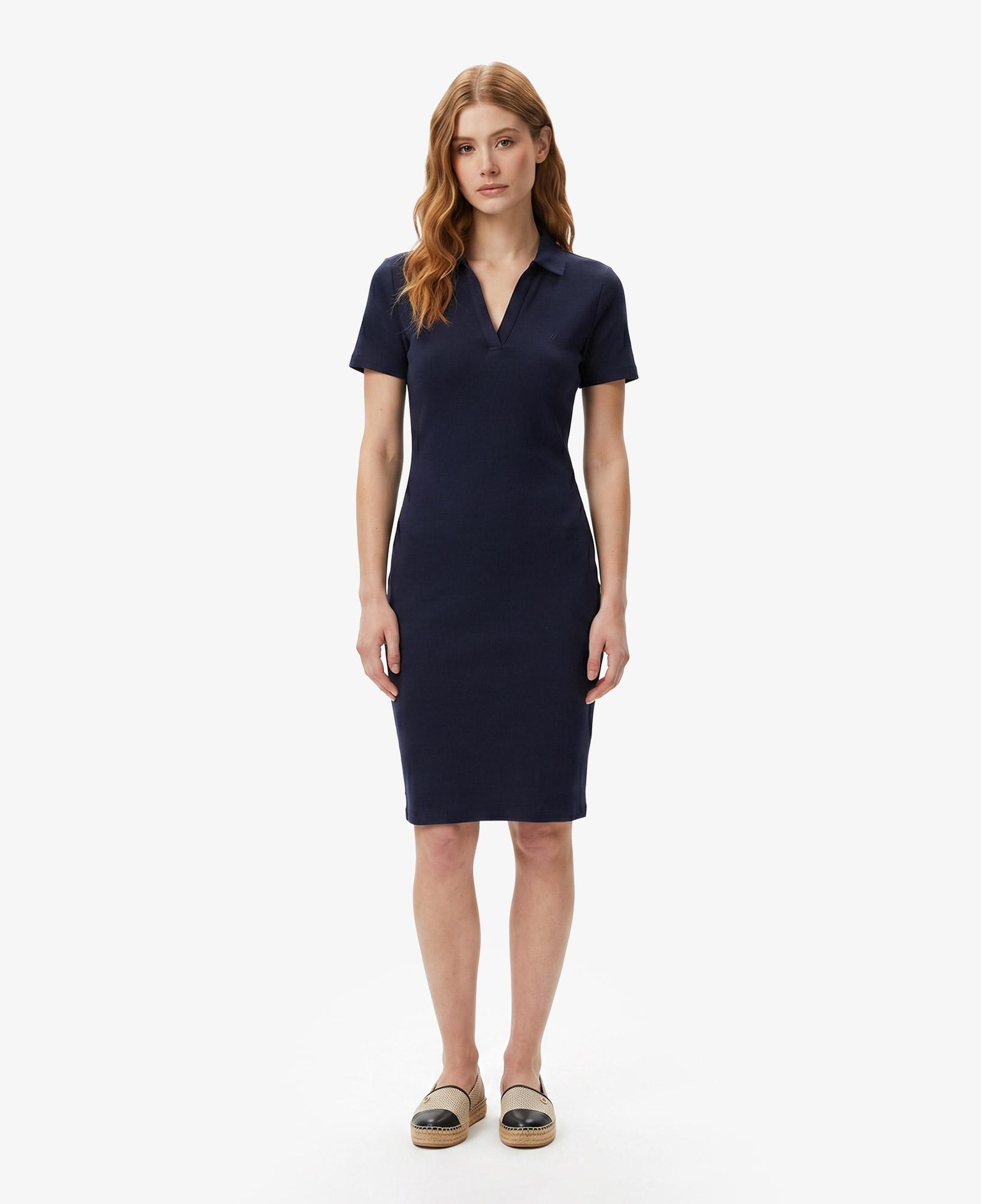 Nautica Kadın Lacivert Slim Fit Kısa Kollu Çizgili Elbise