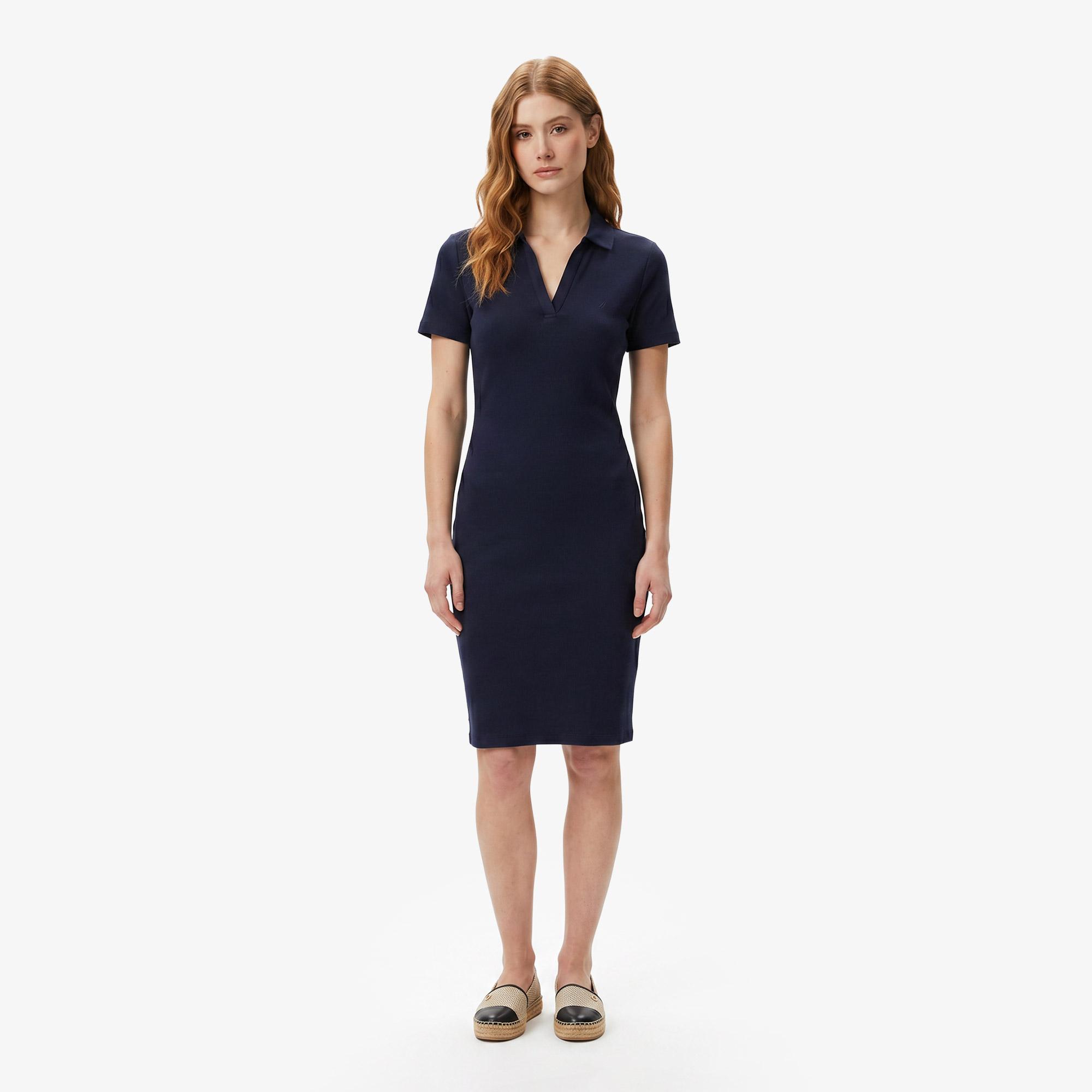 Nautica Kadın Lacivert Slim Fit Kısa Kollu Çizgili Elbise