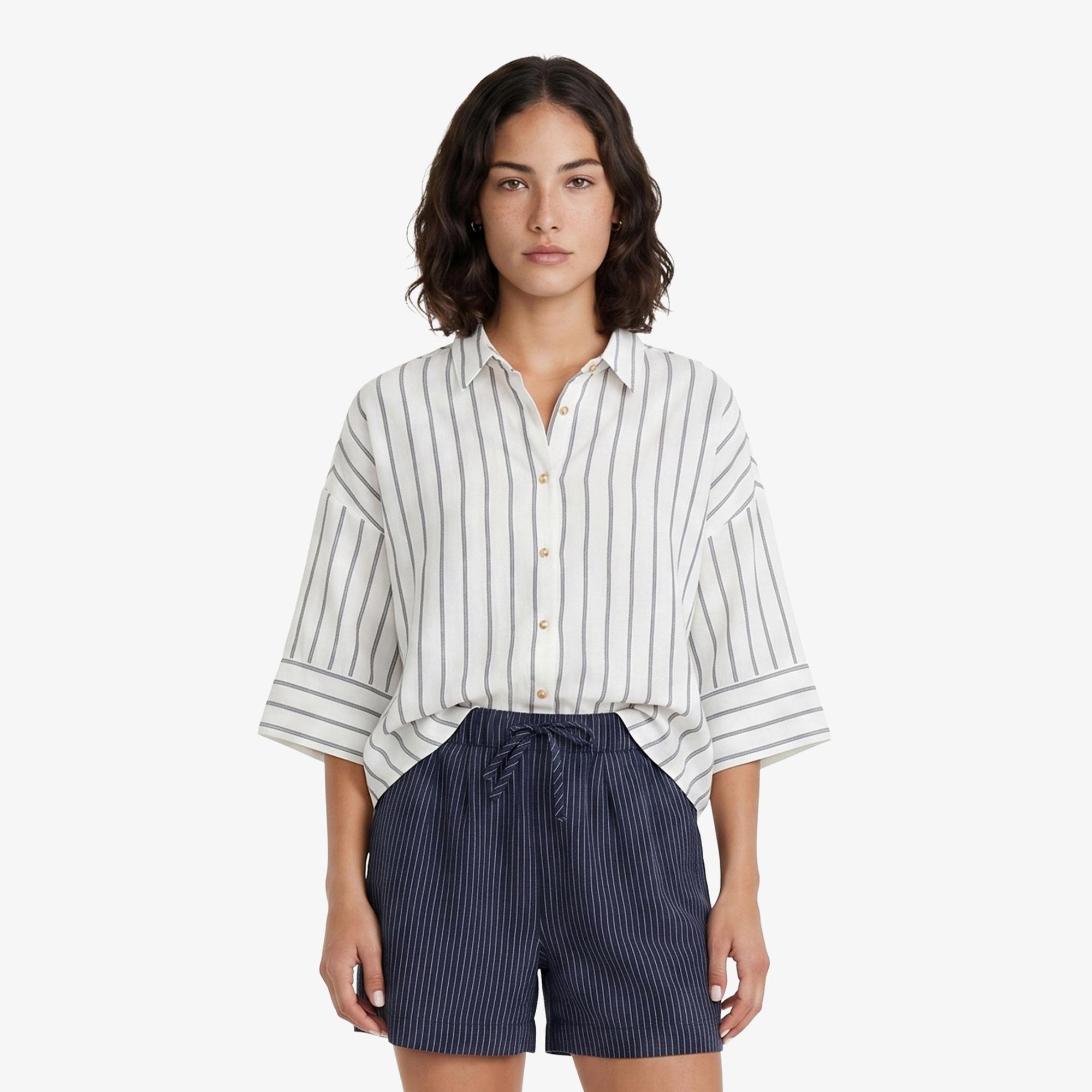 Nautica Kadın Beyaz Regular Fit Kısa Kollu Çizgili Gömlek