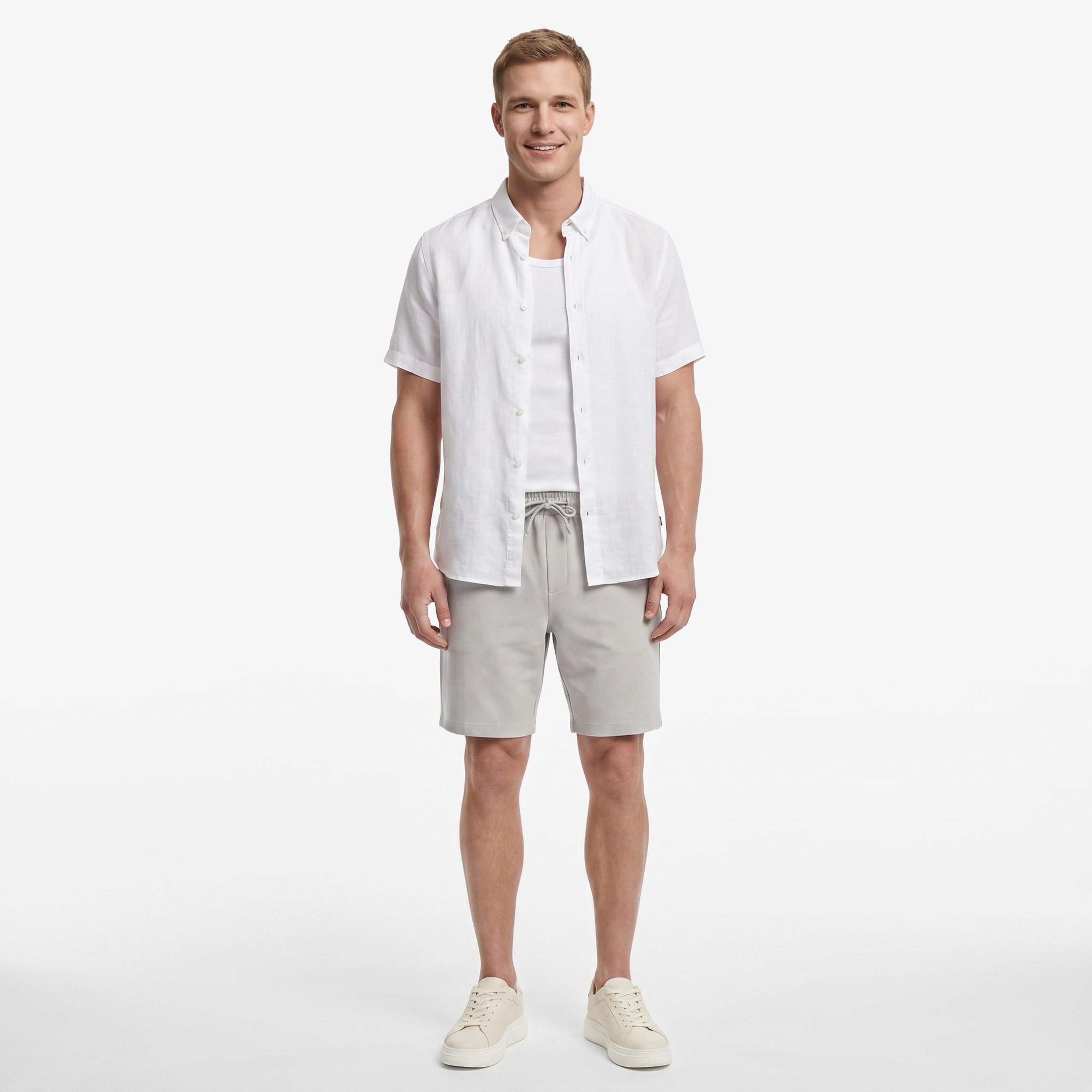 Nautica Erkek Beyaz Regular Fit Kısa Kollu Keten Gömlek