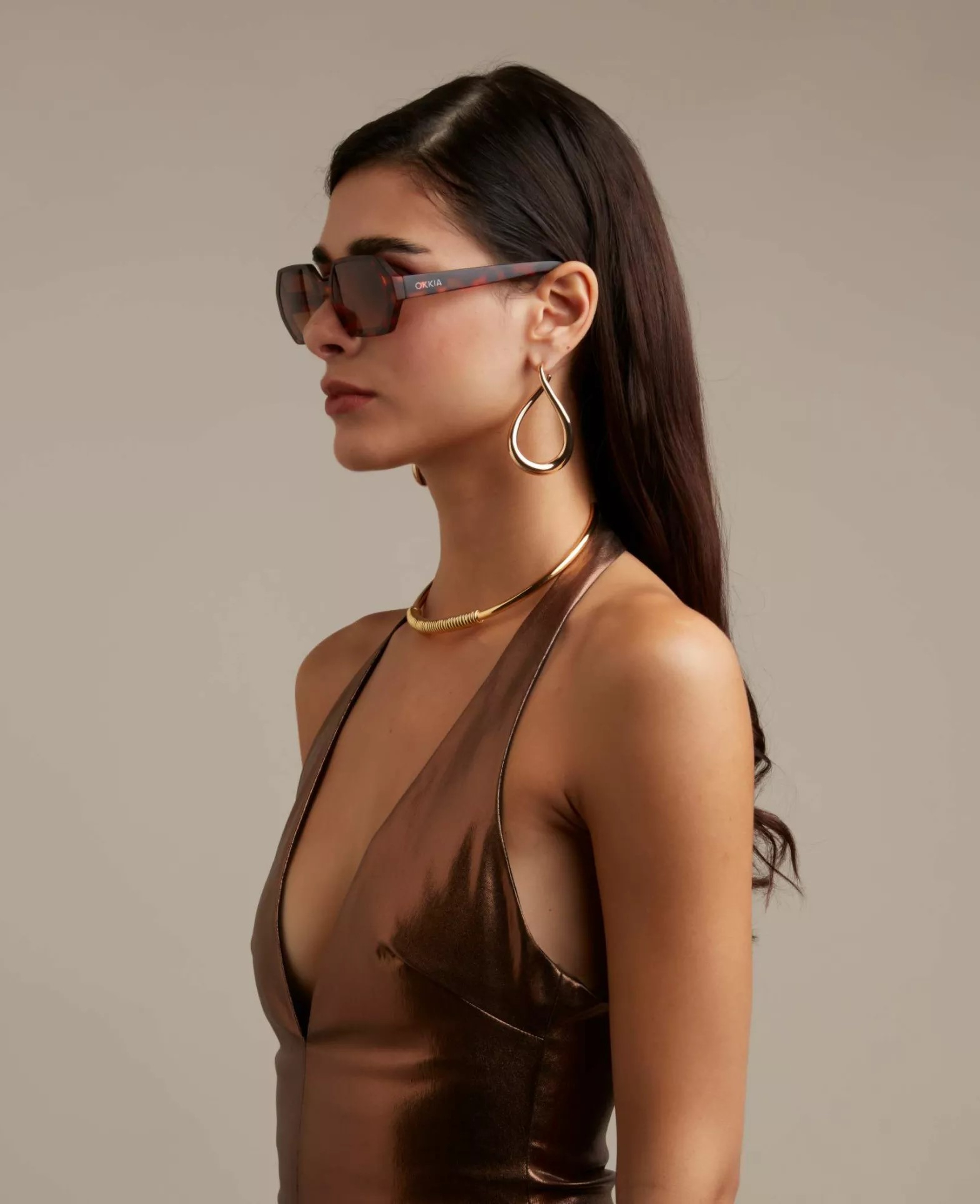 Okkia Andrea Altıgen Unisex Güneş Gözlüğü Klasik Havana