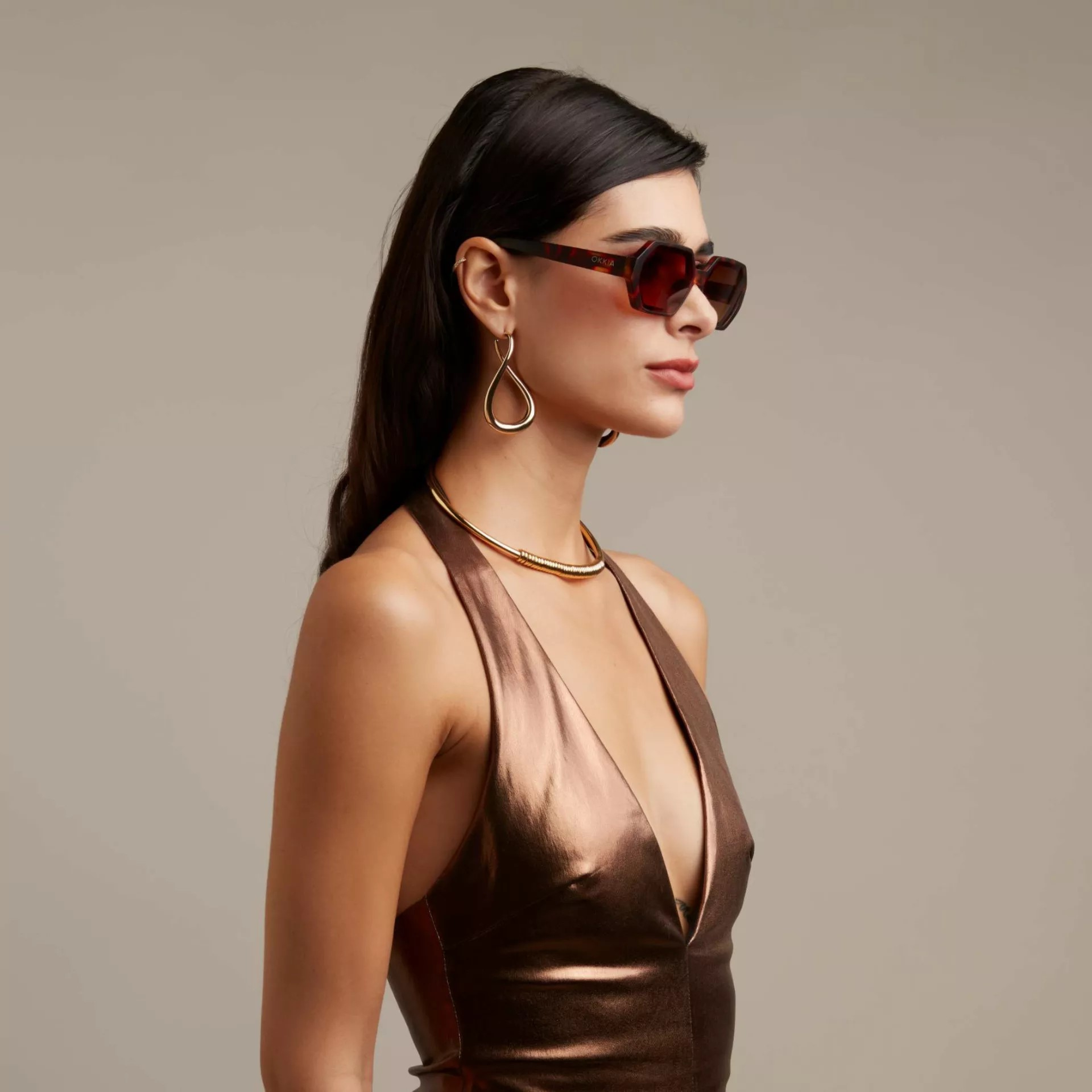 Okkia Andrea Altıgen Unisex  Güneş Gözlüğü Klasik Havana