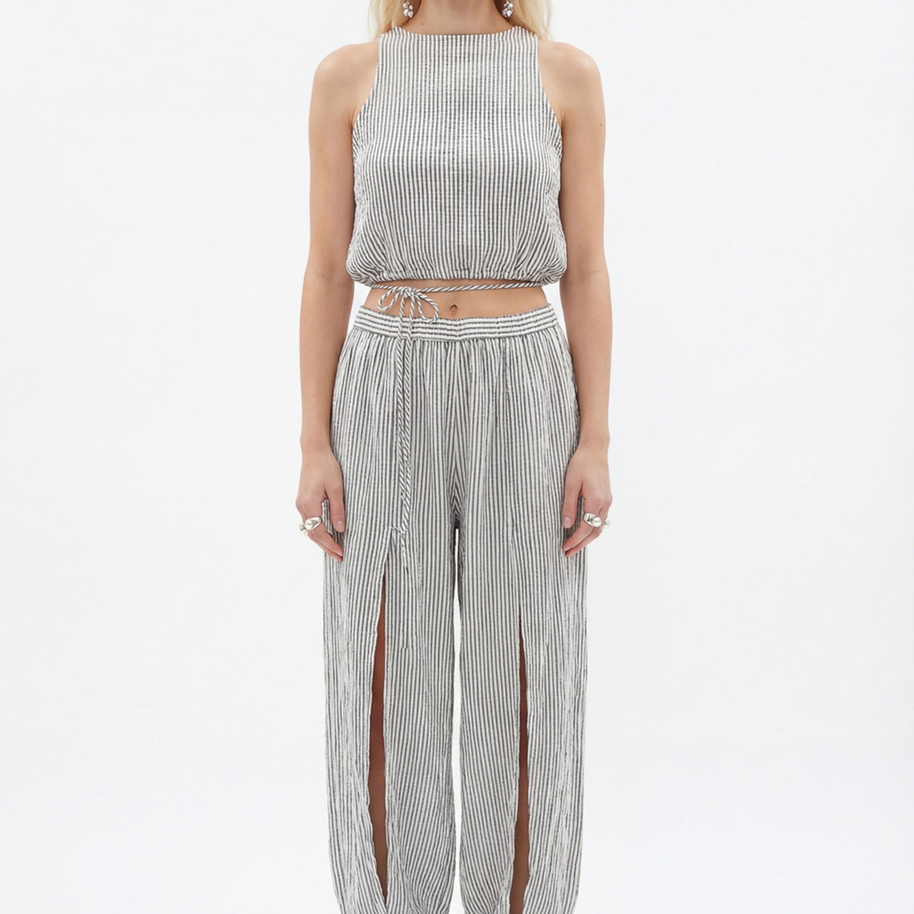 İKİKIZ Crinkle Siyah Çizgili Jogger Pantolon