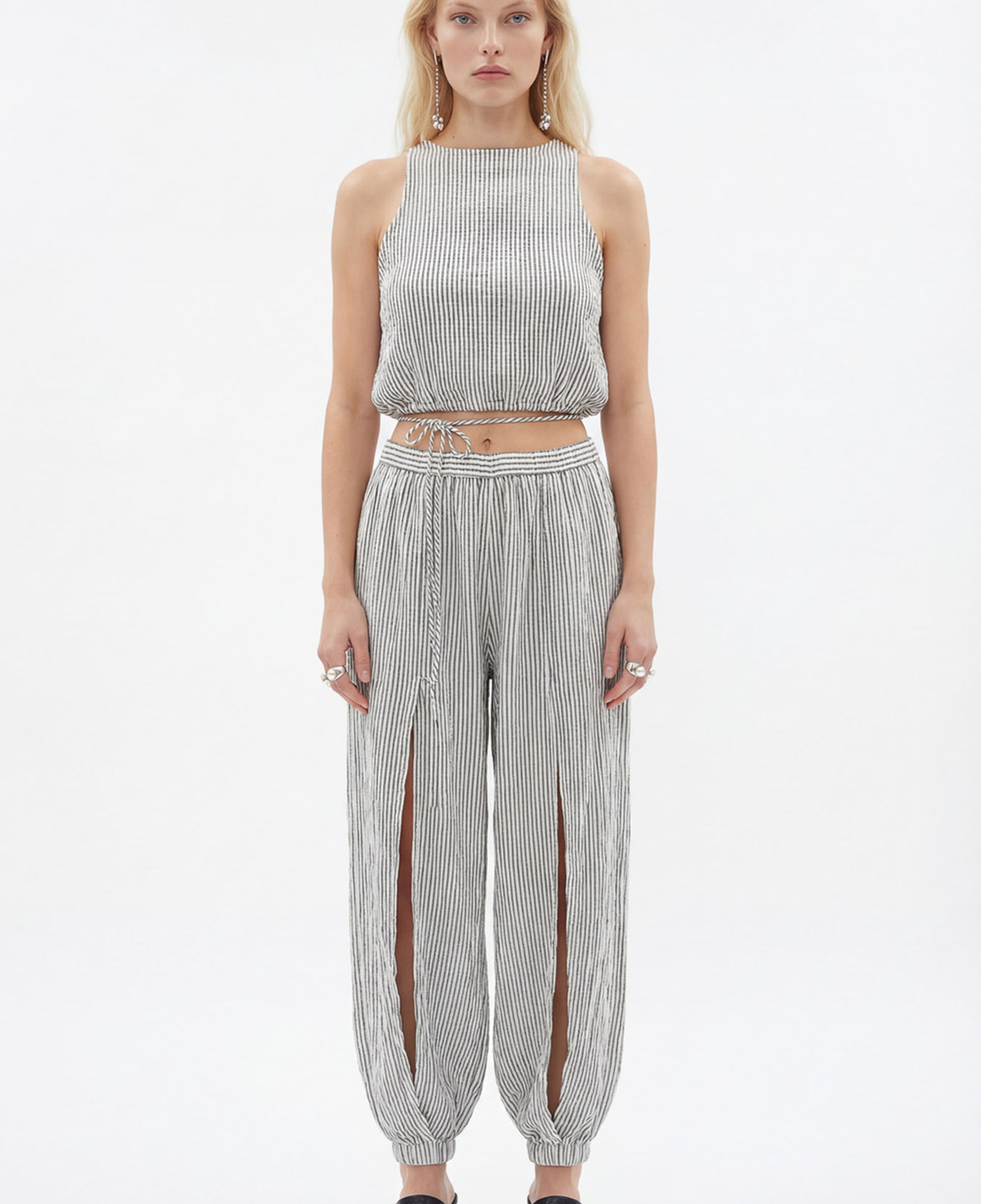 İKİKIZ Crinkle Siyah Çizgili Jogger Pantolon