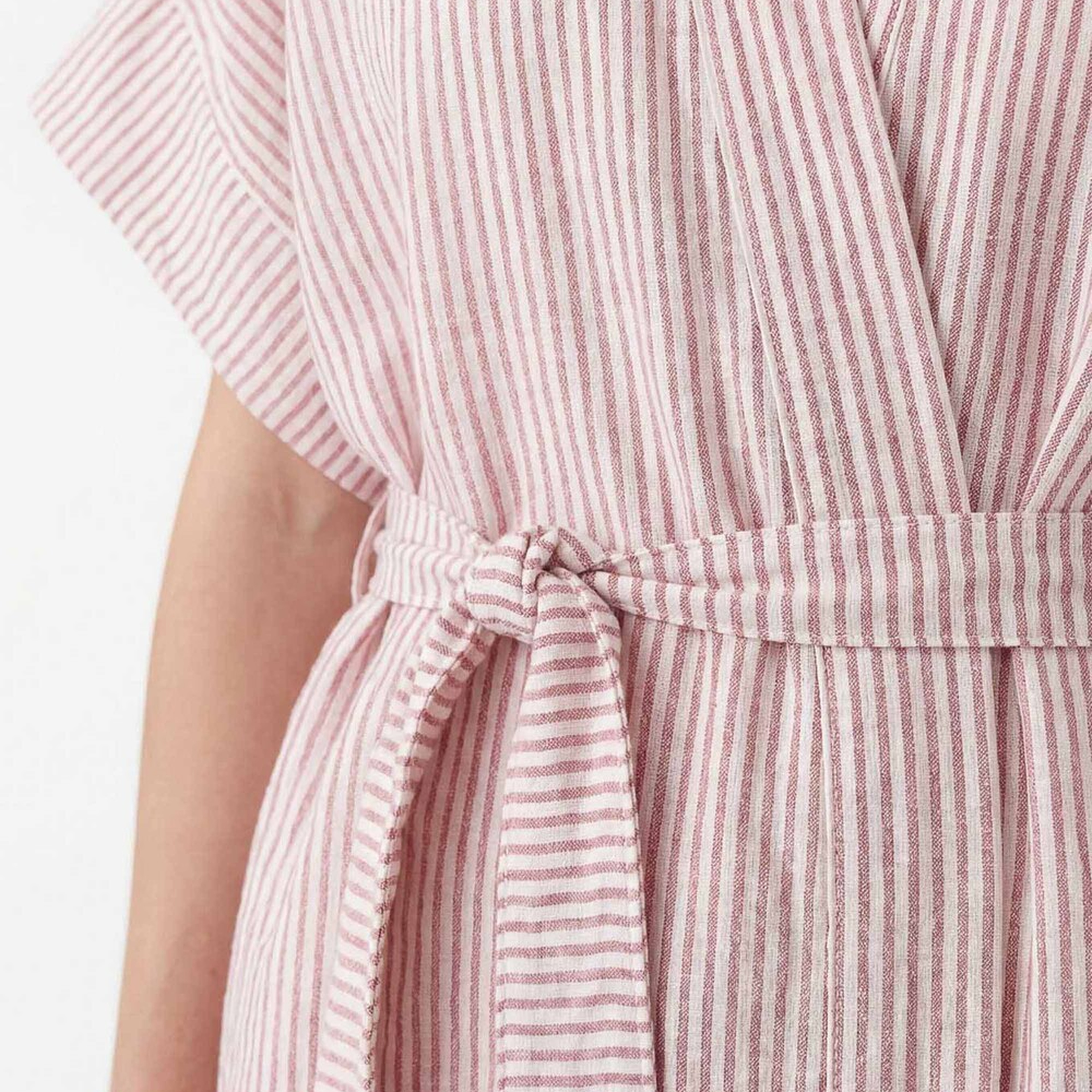 İKİKIZ Crinkle Kırmızı Çizgili Kısa Kimono