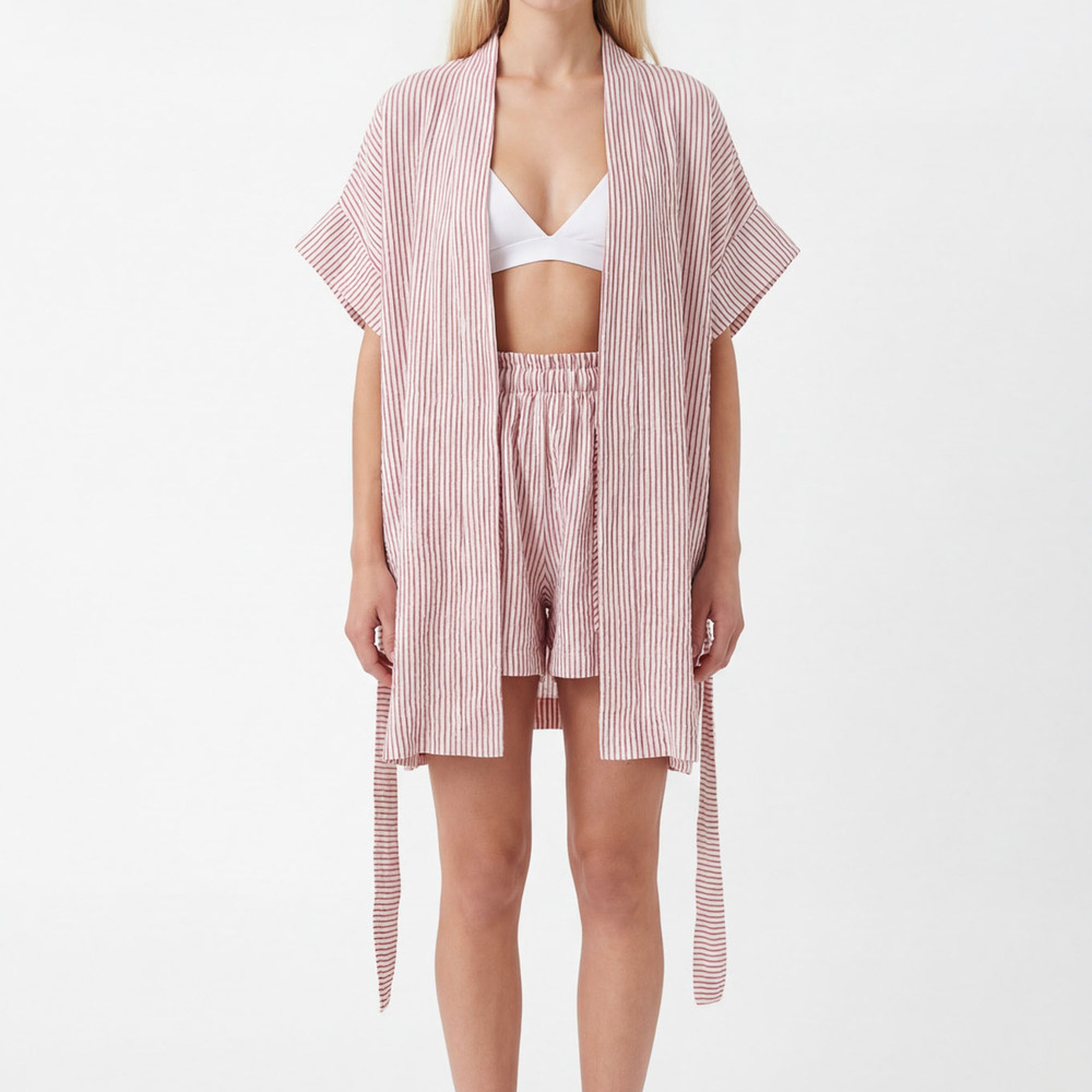 İKİKIZ Crinkle Kırmızı Çizgili Kısa Kimono