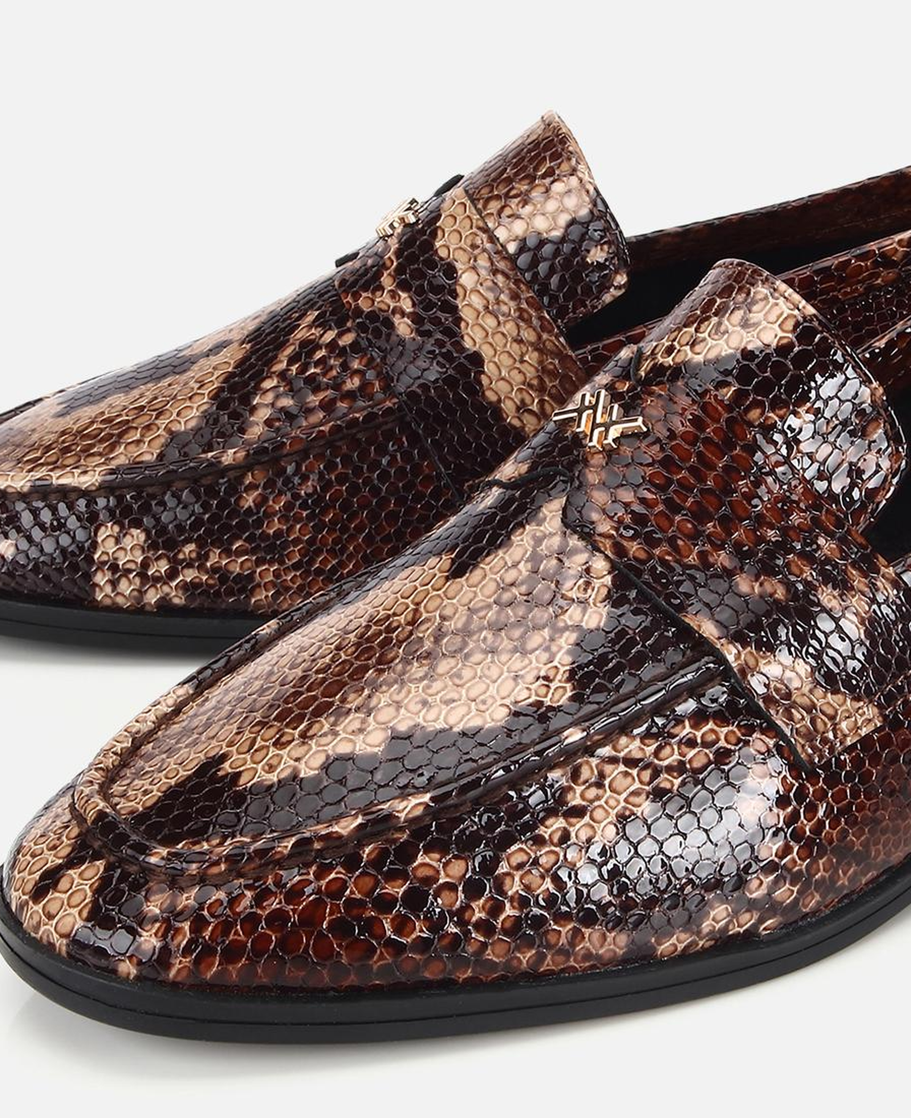 Kadın Deri Kahverengi Yılan Baskılı Klasik Loafer