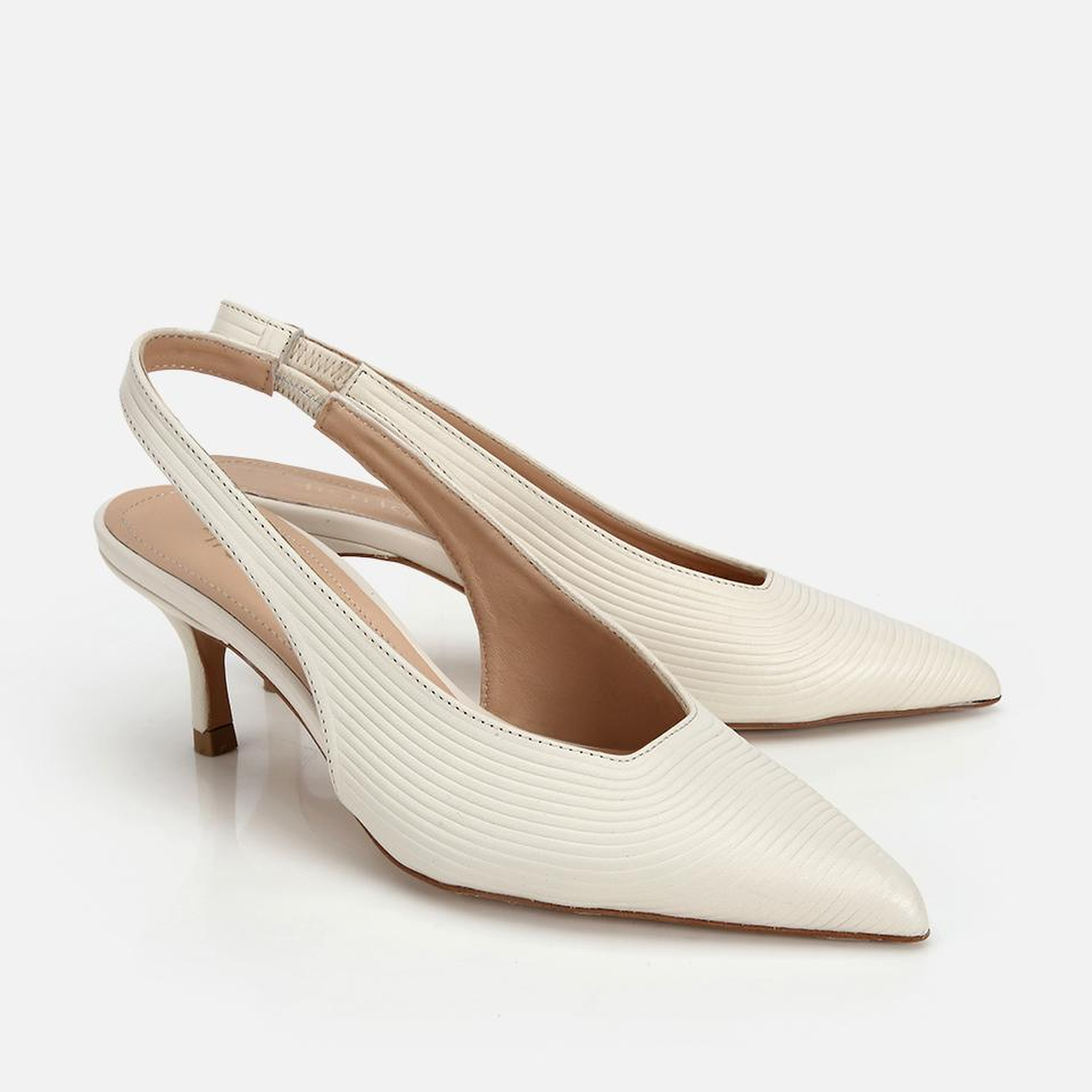Kadın Deri Ekru Dokulu Yumuşak Arkası Açık Kısa Topuklu Stiletto