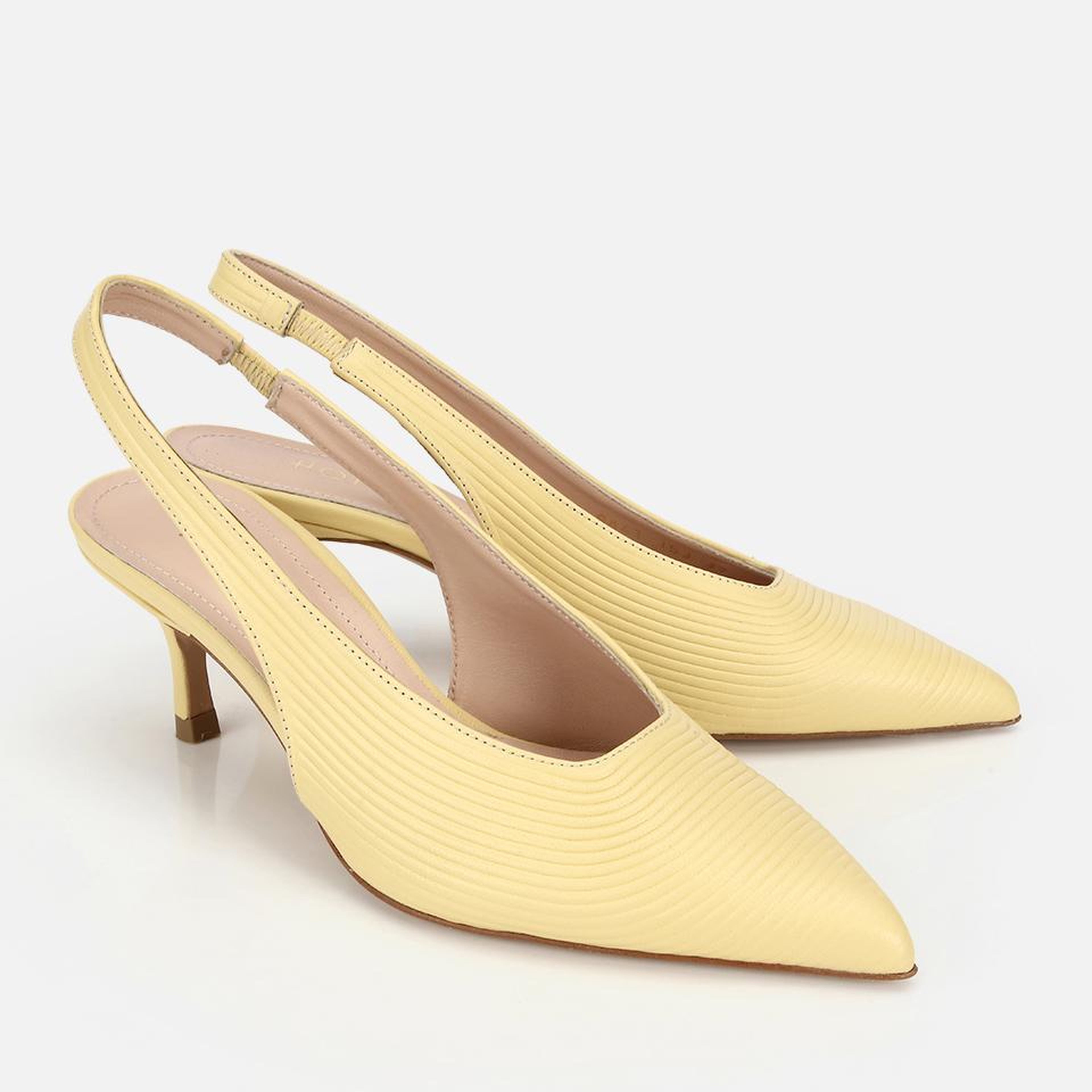 Kadın Deri Sarı Dokulu Yumuşak Arkası Açık Kısa Topuklu Stiletto