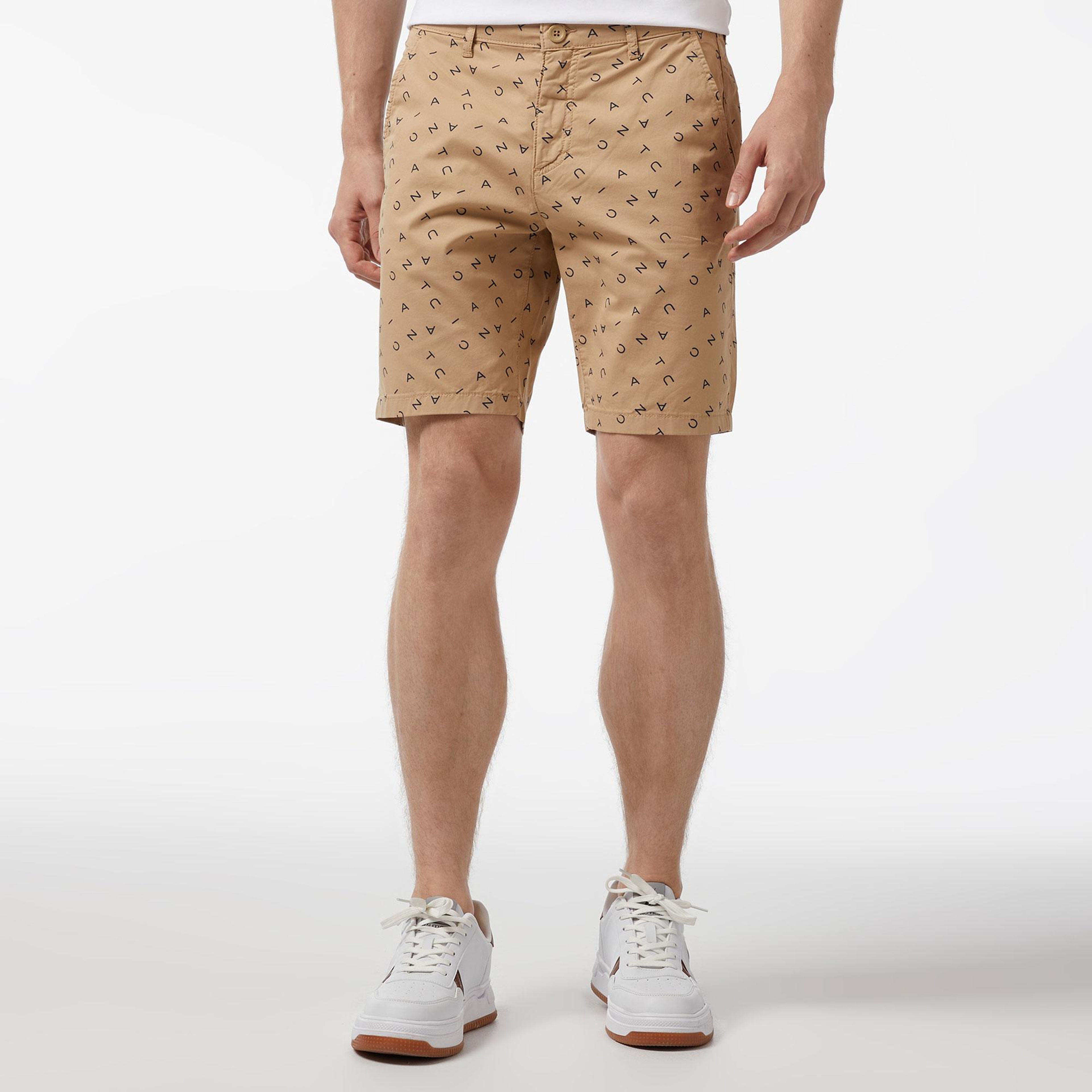 Nautica Erkek Bej Slim Fit Baskılı Bermuda