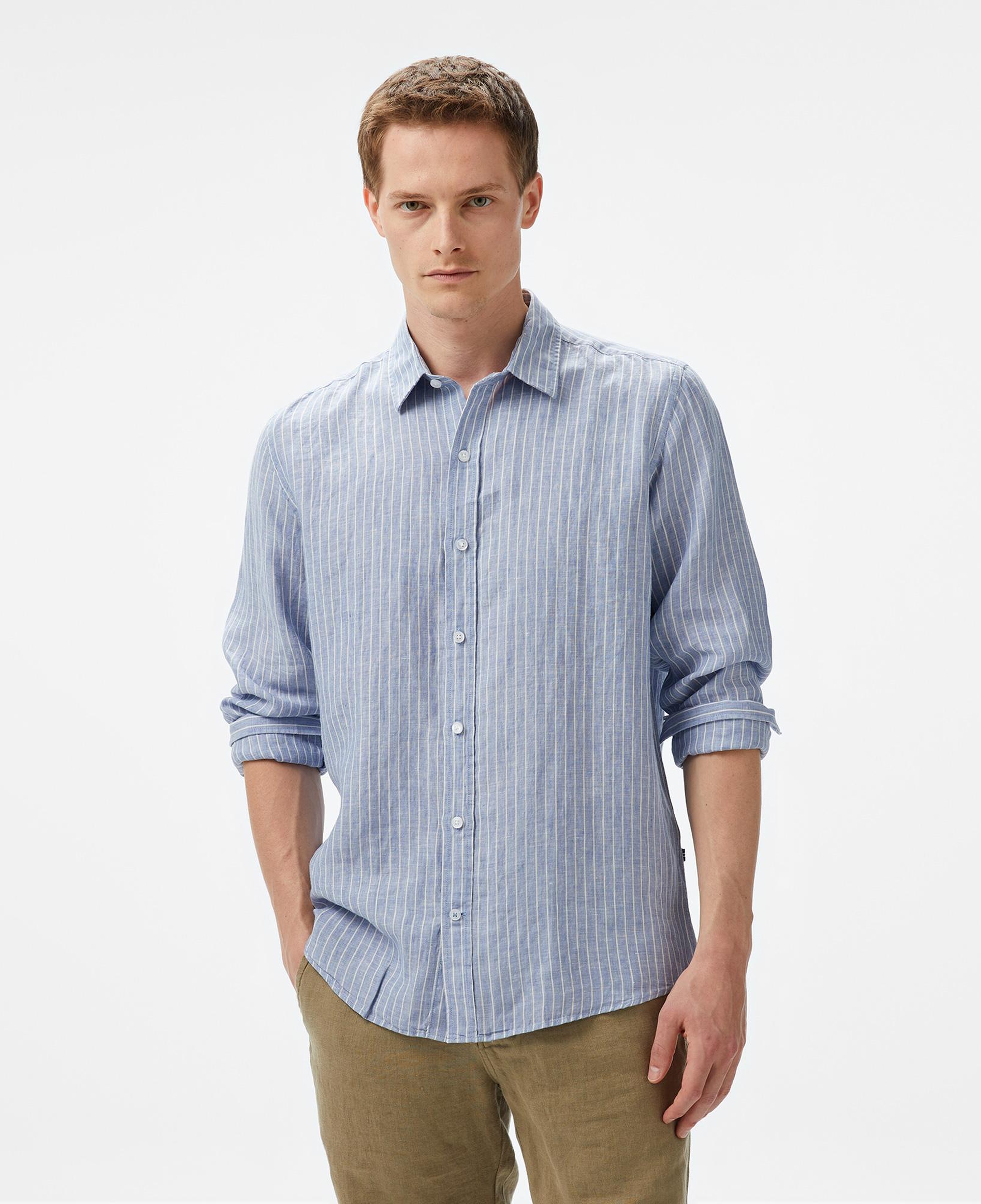 Nautica Erkek Mavi Classic Fit Çizgili Keten Gömlek