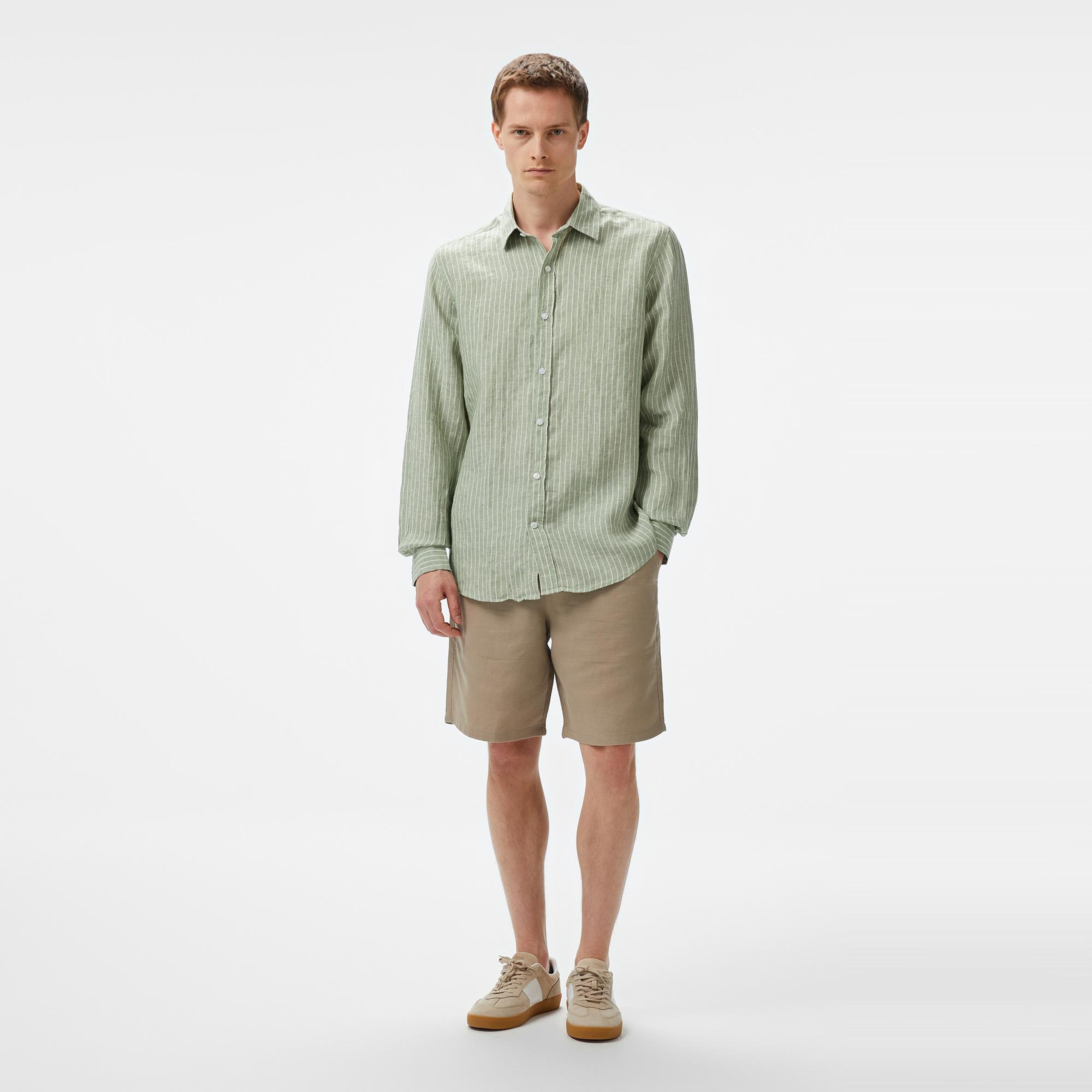 Nautica Erkek Yeşil Classic Fit Çizgili Keten Gömlek