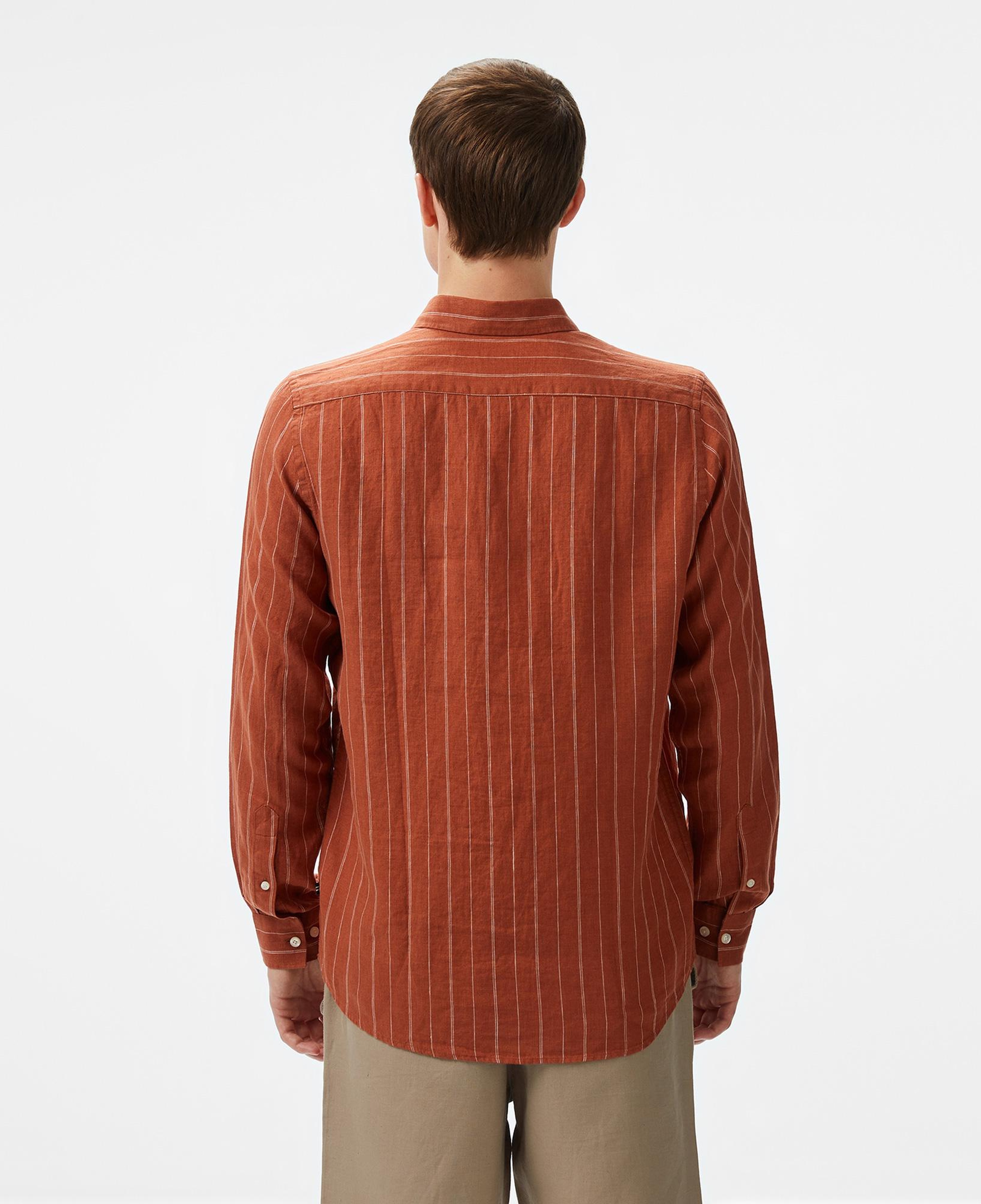 Nautica Erkek Kırmızı Classic Fit Çizgili Keten Gömlek
