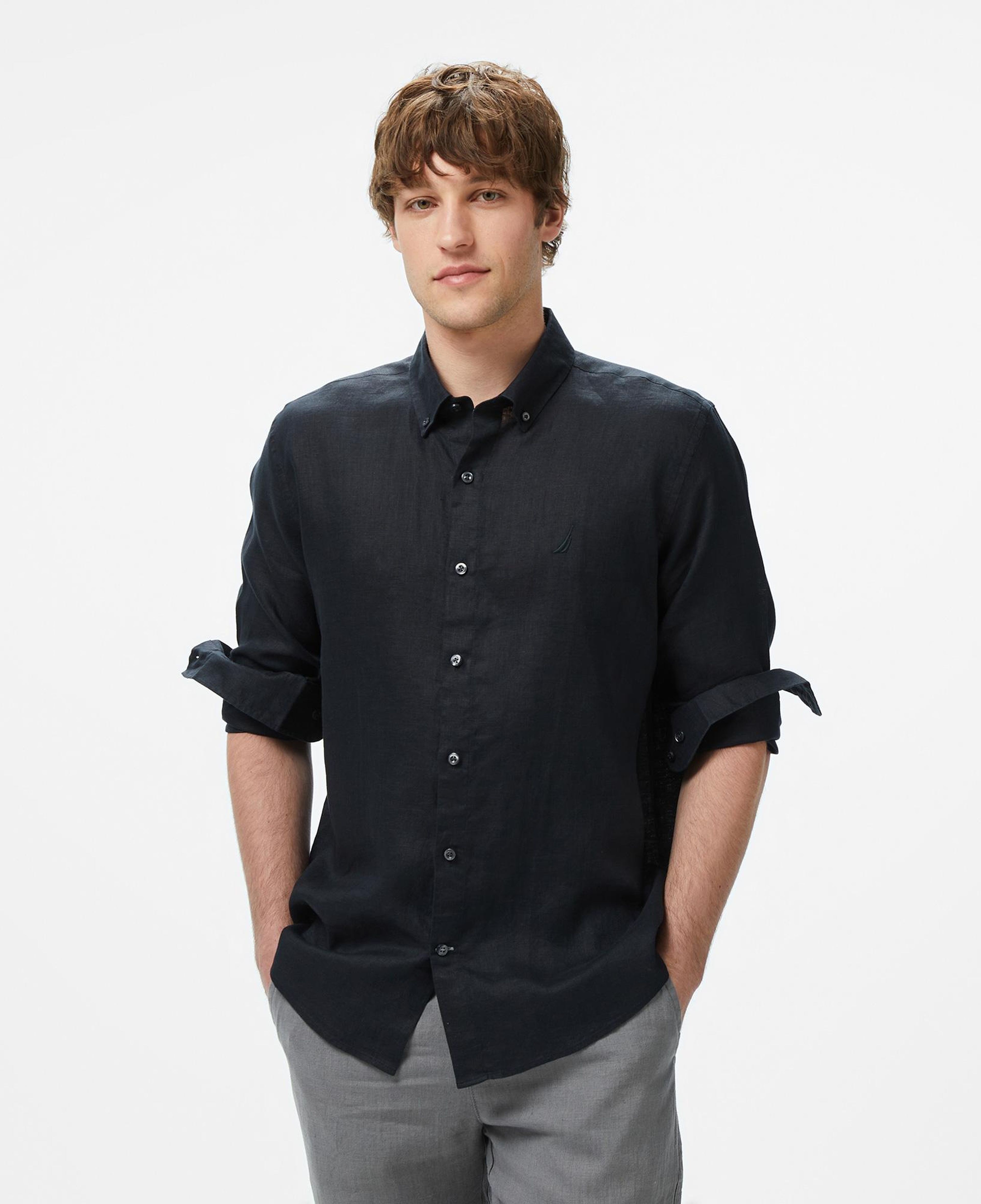 Nautica Erkek Siyah Classic Fit Keten Gömlek