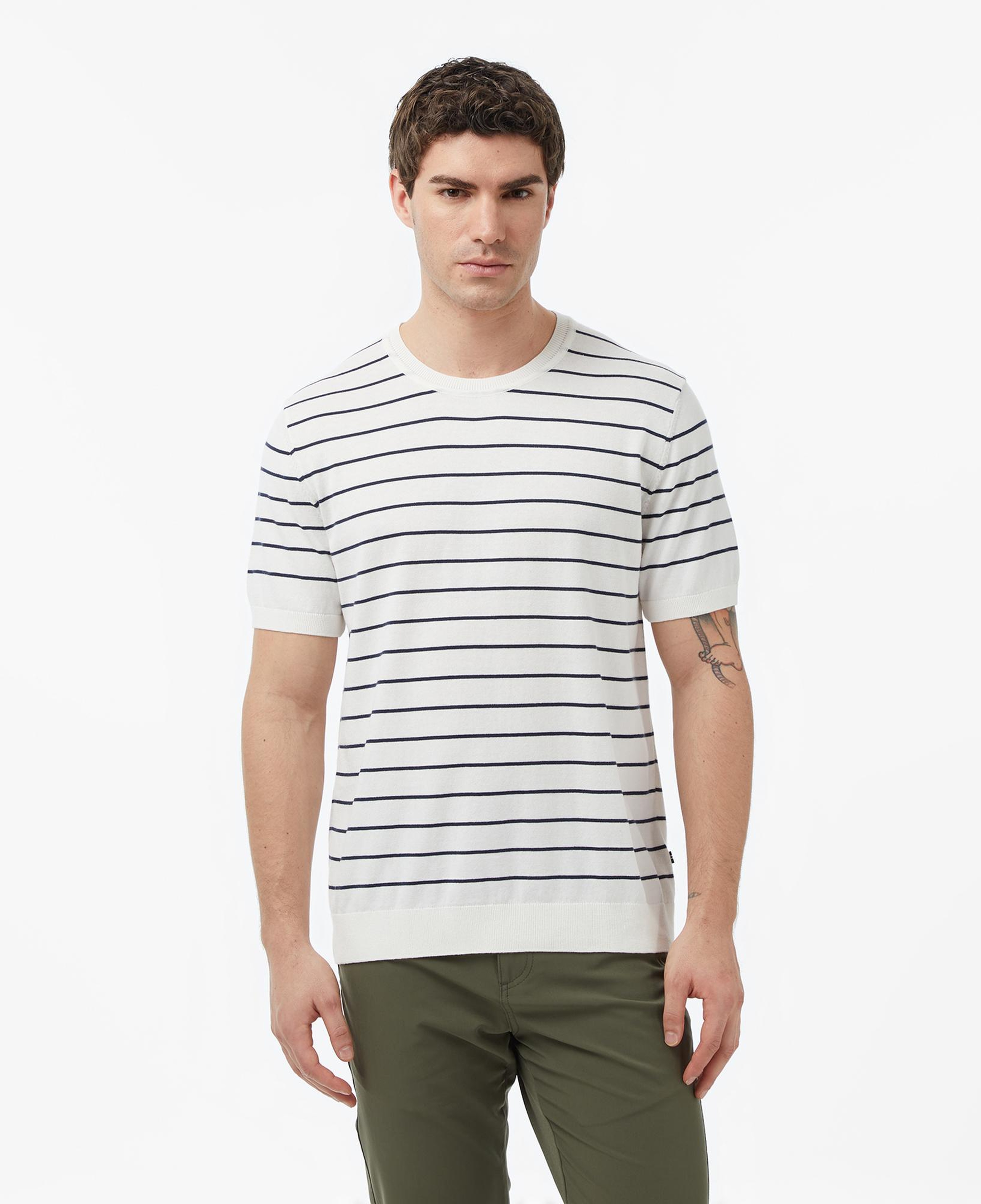 Nautica Erkek Krem Regular Fit Kısa Kollu Çizgili Triko
