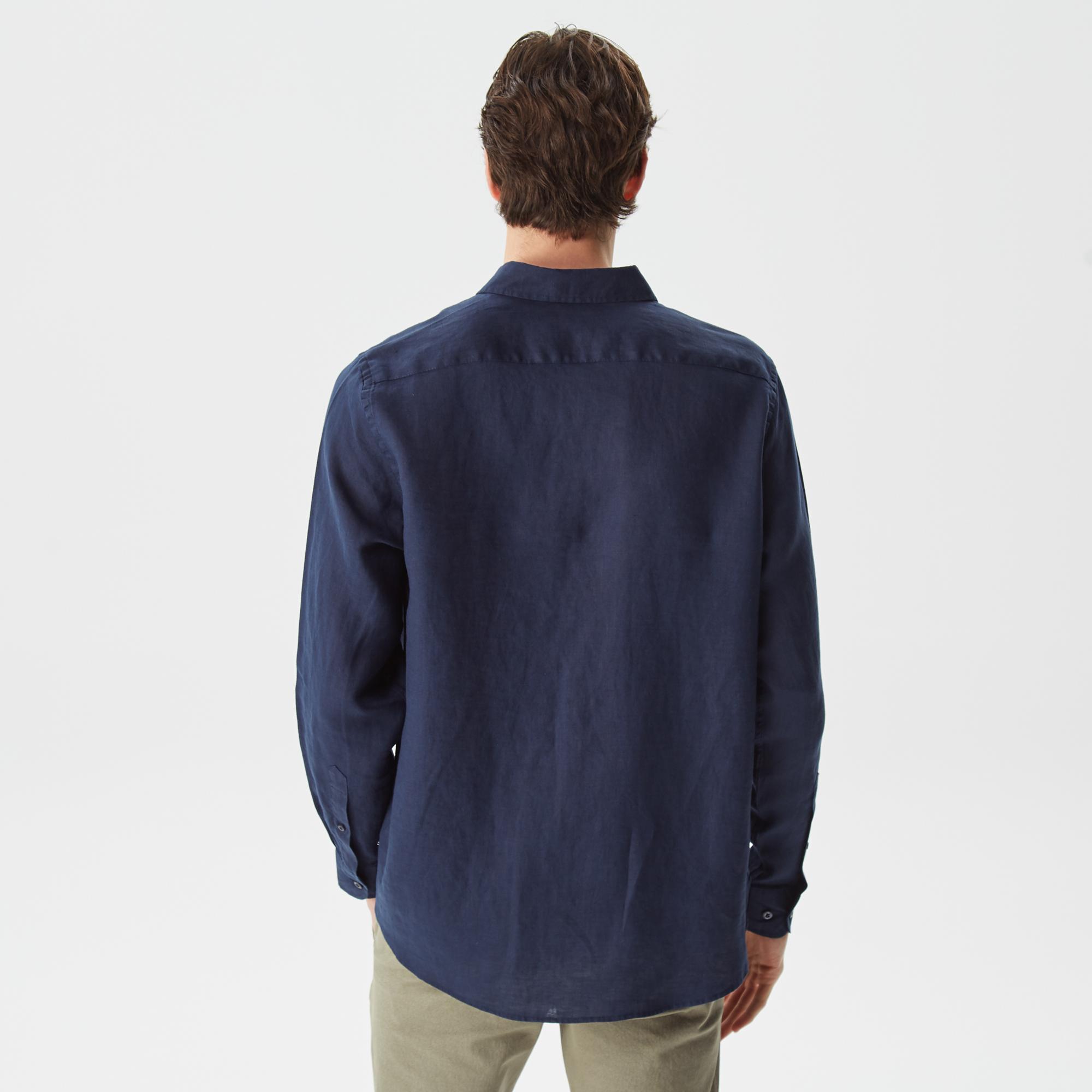 Nautica Erkek Lacivert Classic Fit Uzun Kollu Keten Gömlek